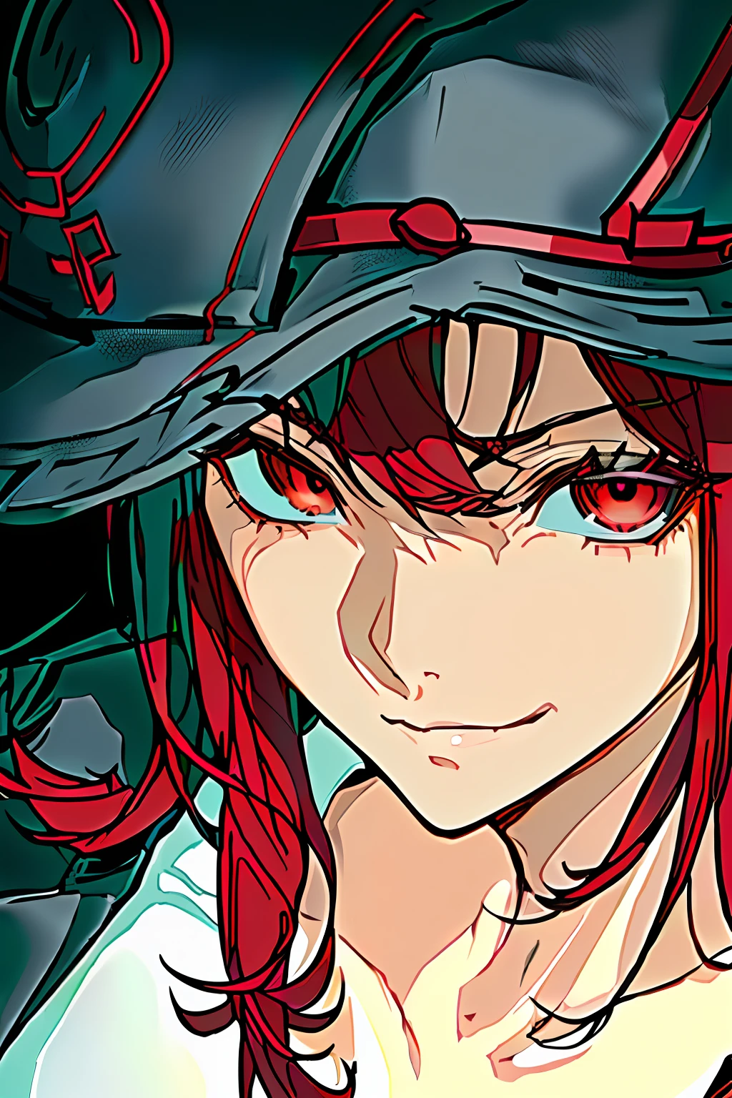 Anime girl with red hair and black hat, kurisu makise steins gate anime, close up of a young anime girl, kurisu makise, medium close up shot, made with anime painter studio, Also, with glowing red eyes, red eyes glowing, Anime style. 8K, roguish smirk，Black pirate hat，Black leather jacket and white undershirt