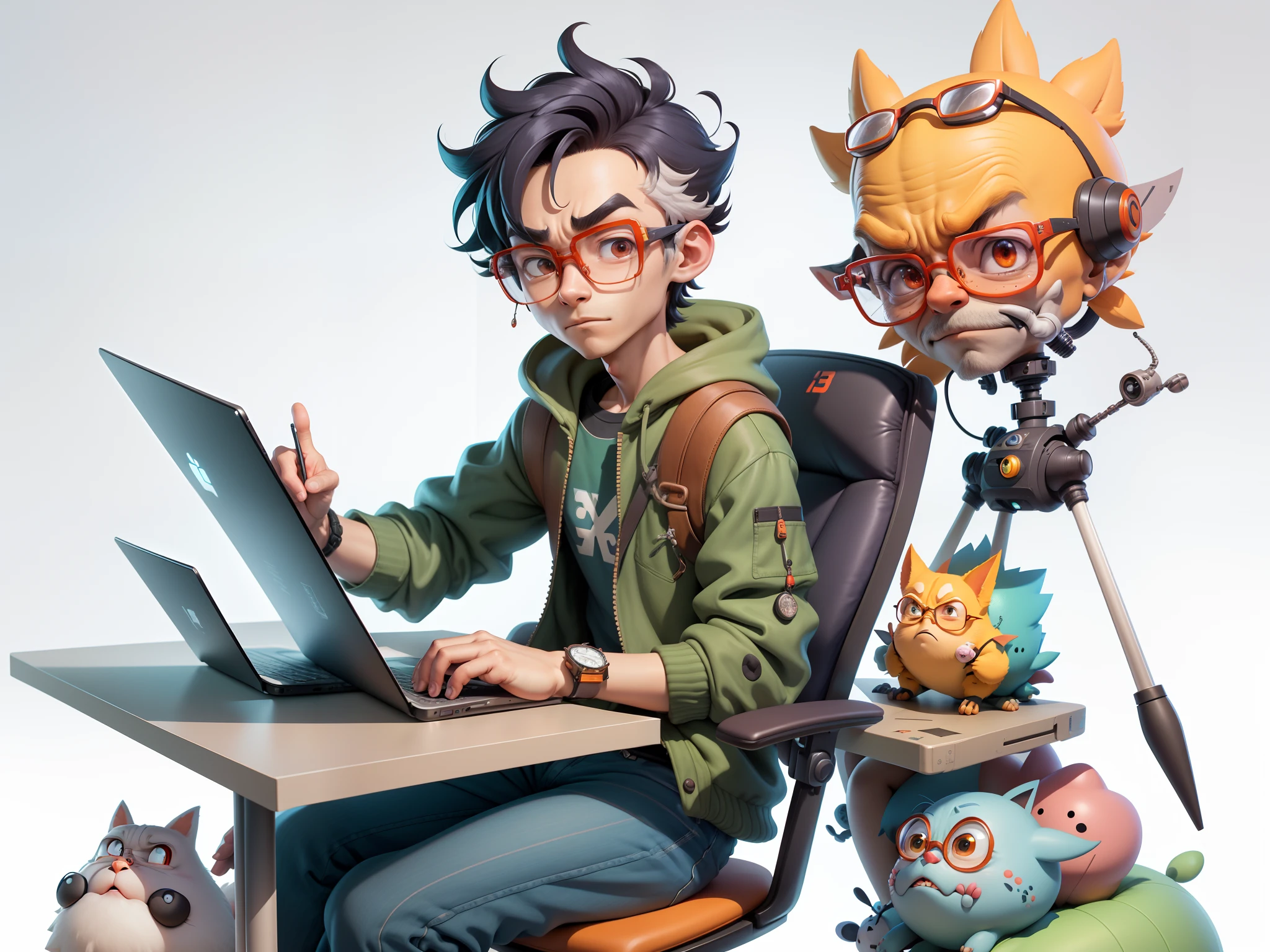 A young man with glasses sits at his desk,holding laptop,digitial painting,3D character design by Mark Clairen and Pixar and Hayao Miyazaki and Akira Toriyama,4K HD illustration,Very detailed facial features and cartoon-style visuals。