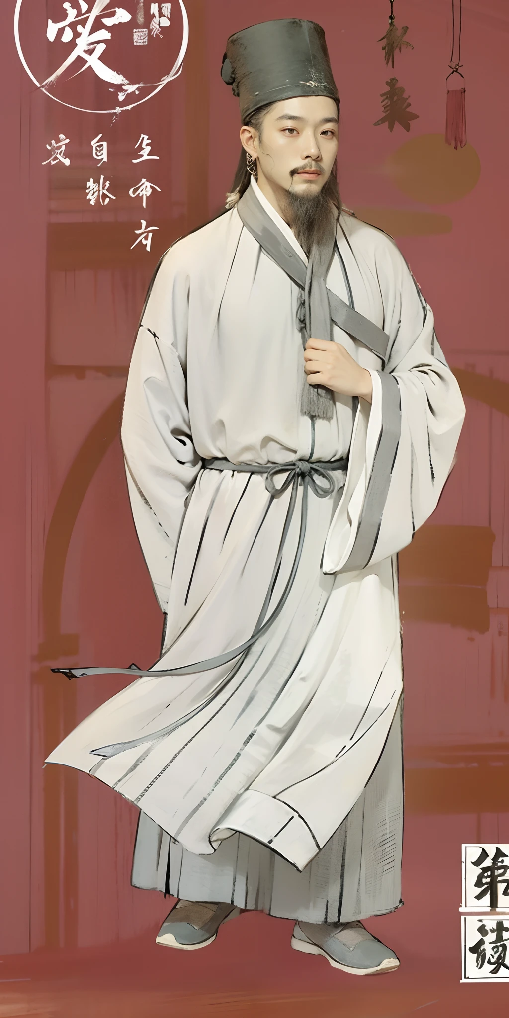 Close-up of a Chinese man in a white robe and hat, flowing hair and long robes, white daoist robes, wearing a long flowing robe, wearing a long flowing robe, Wearing ancient Chinese clothes, ancient japanese monk, Daoism, dressed in simple robes, dressed in simple robes, flowing white robe, inspired by Wu Daozi, inspired by Qian Du