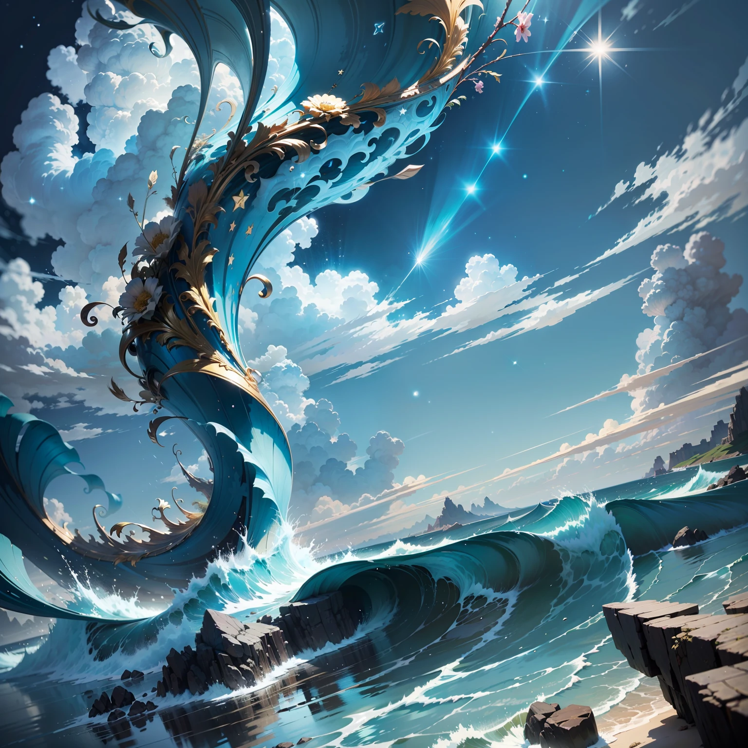 Light blue Shinkai Makoto manga style cloud sea，Brilliant gold，There is a dazzling star hanging high in the sky