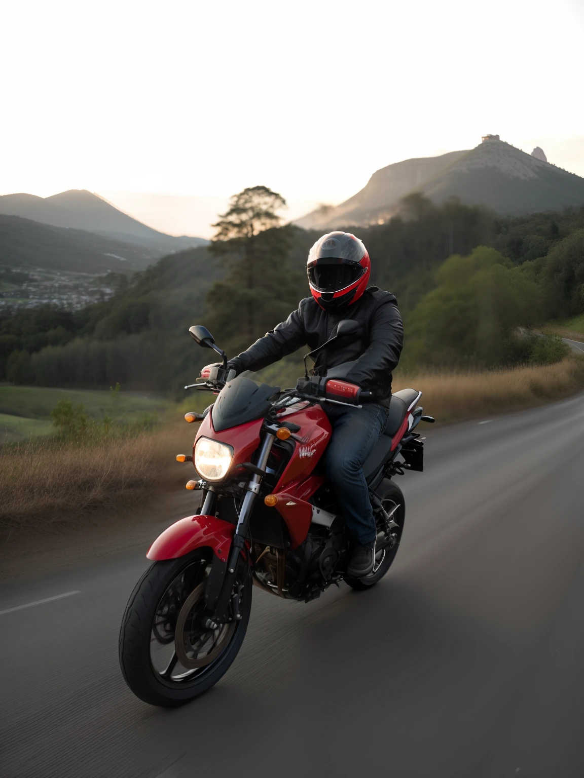 There's a man riding a red motorcycle on a road, em alta velocidade com as siglas GB ao fundo, moto vermelha correndo na estrada, esta de noite, com um pouco de luz da lua, a moto esta em movimento em alta velocidade. com letras em escritas.