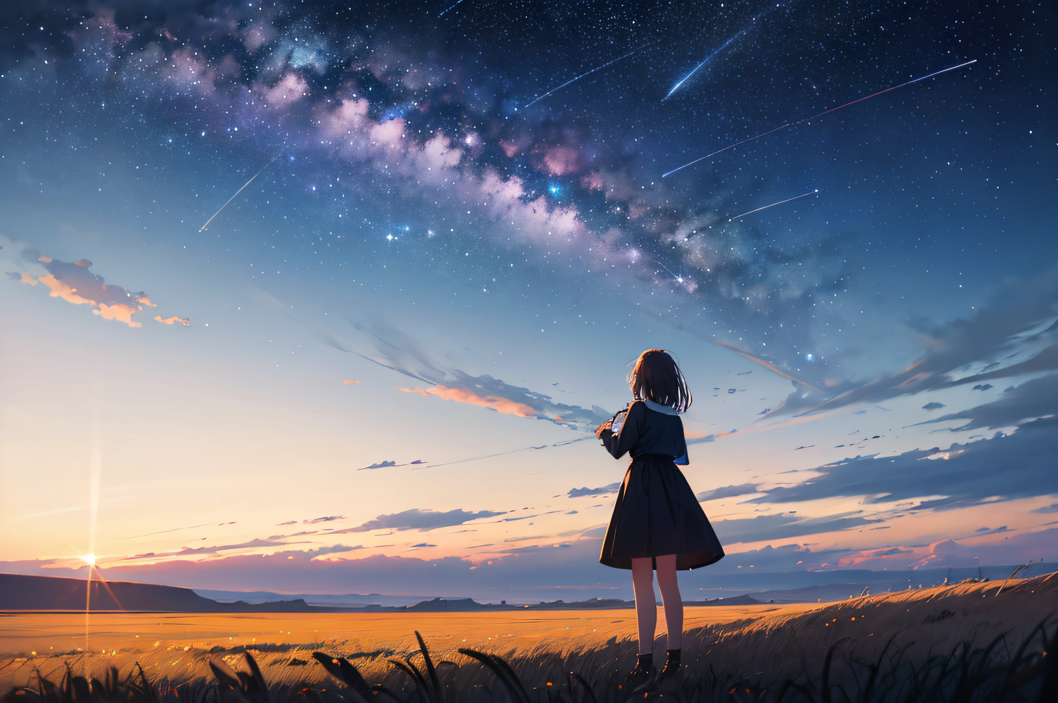 Vast landscape photos、Girl standing on the prairie looking up at the sky、shooting stars、fireflys、Dreams 、Meteor swarm、milkyway