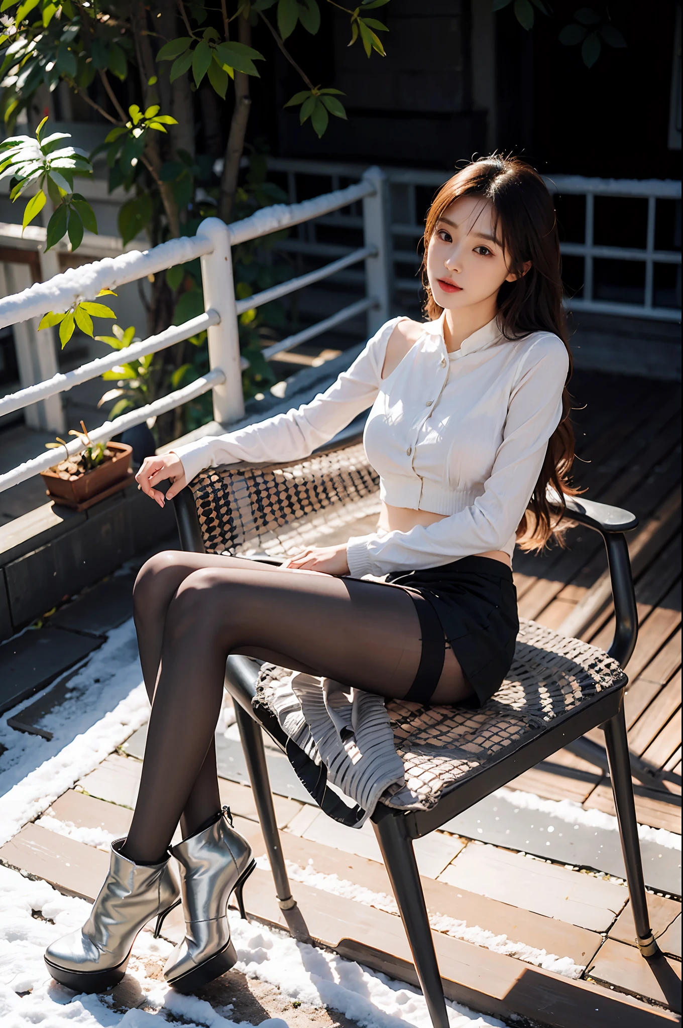 (1 cute Korean star),sliver long hair,Realistic photos,thin makeup,medium breasts size,Wear a coat,in snow,Clear facial features,Eye for details,High resolution of 8K,sharp and realistic details,Height 165cm,Beautiful slender legs,Long legs:1.2,((sleek outfit)),((lacepantyhose)),(((Superskirt))),((High-heeled booties)),True colors(Fidelity weighting:1.4),profesional lighting。