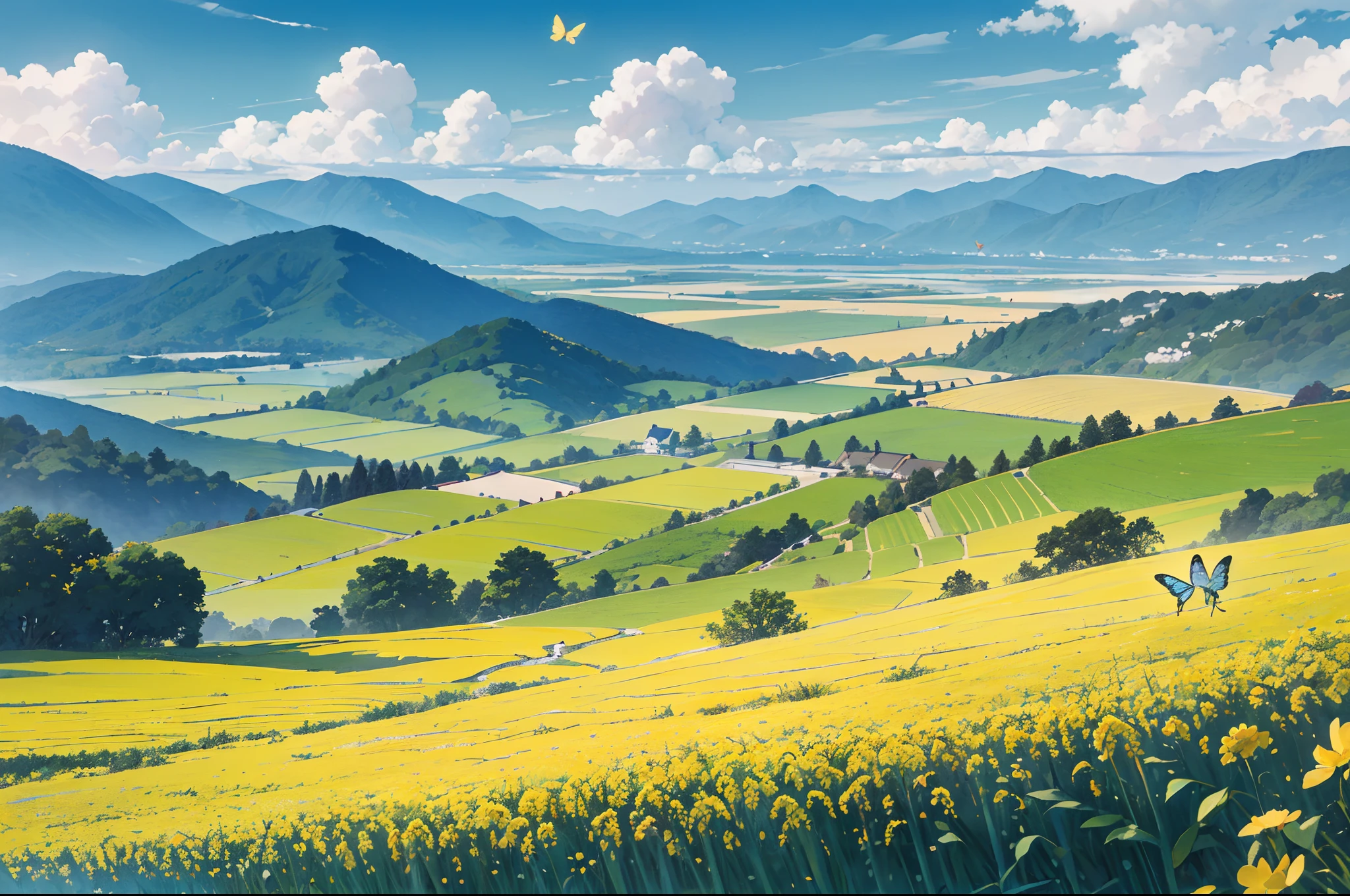 villages, farm land, rapeseed blossoms, ricefield，Butterflies, Bamboo, Yellow dog, Blue sky and white clouds, Mountains with dense vegetation in the distance