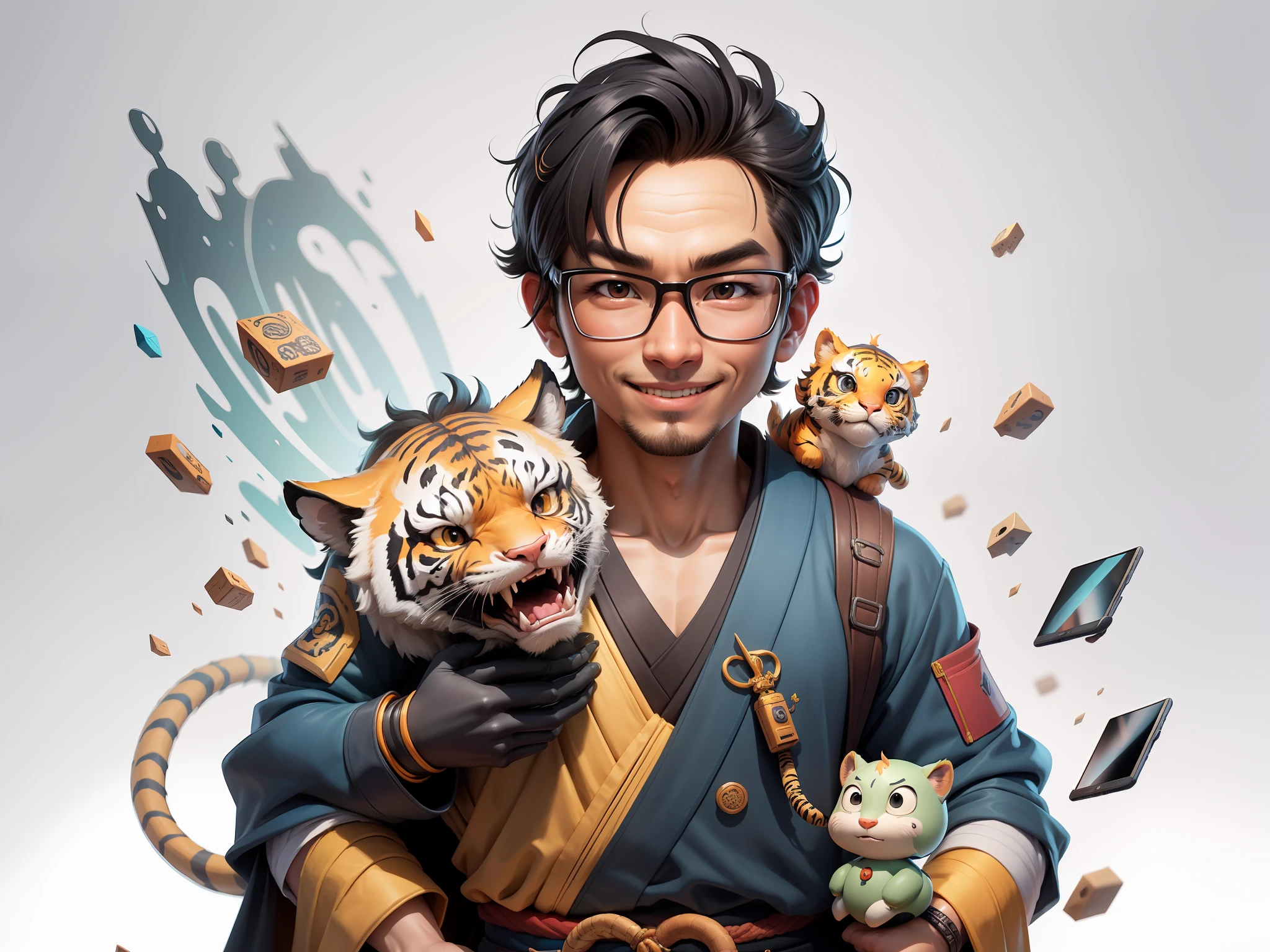 (Masterpiece), (Excellent), (Super Meticulous), (Full Body: 1.2), Super Young Man with Japanese Female Geisha, Pretty, Beautiful, Chinese Dragon, Tiger, Wind God Thor, Sexy, Bursting, Oriental Face, TV Anchor, Bust Portrait Illustration, Black Suit, Blue Tie, Slightly Chubby Face, Silver Glasses, Very Clean Face, No Beard on Chin, Black Super Short Hair, Black Eyes, Confident Smile, 3c Computer Sub-Products, iPad, iPhone, Digital Painting, 3D character design by Mark Clairedon and Pixar and Hayao Miyazaki and Akira Toriyama, the illustrations are HD illustrations in 4K resolution with highly detailed facial features and cartoon-style visuals.