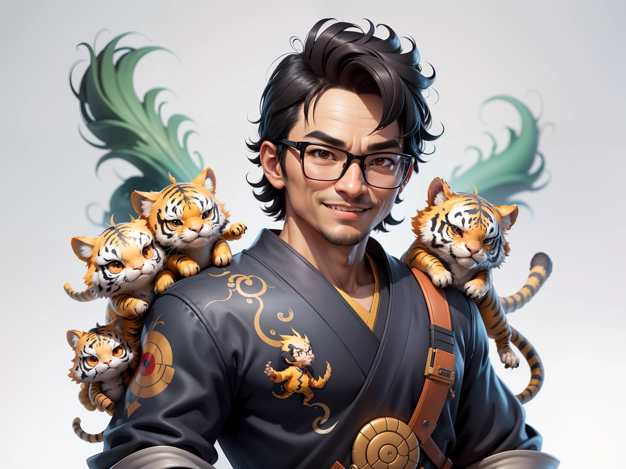 (Masterpiece), (Excellent), (Super Meticulous), (Full Body: 1.2), Super Young Man with Japanese Female Geisha, Pretty, Beautiful, Chinese Dragon, Tiger, Wind God Thor, Sexy, Bursting, Oriental Face, TV Anchor, Bust Portrait Illustration, Black Suit, Blue Tie, Slightly Chubby Face, Silver Glasses, Very Clean Face, No Beard on Chin, Black Super Short Hair, Black Eyes, Confident Smile, 3c Computer Sub-Products, iPad, iPhone, Digital Painting, 3D character design by Mark Clairedon and Pixar and Hayao Miyazaki and Akira Toriyama, the illustrations are HD illustrations in 4K resolution with highly detailed facial features and cartoon-style visuals.