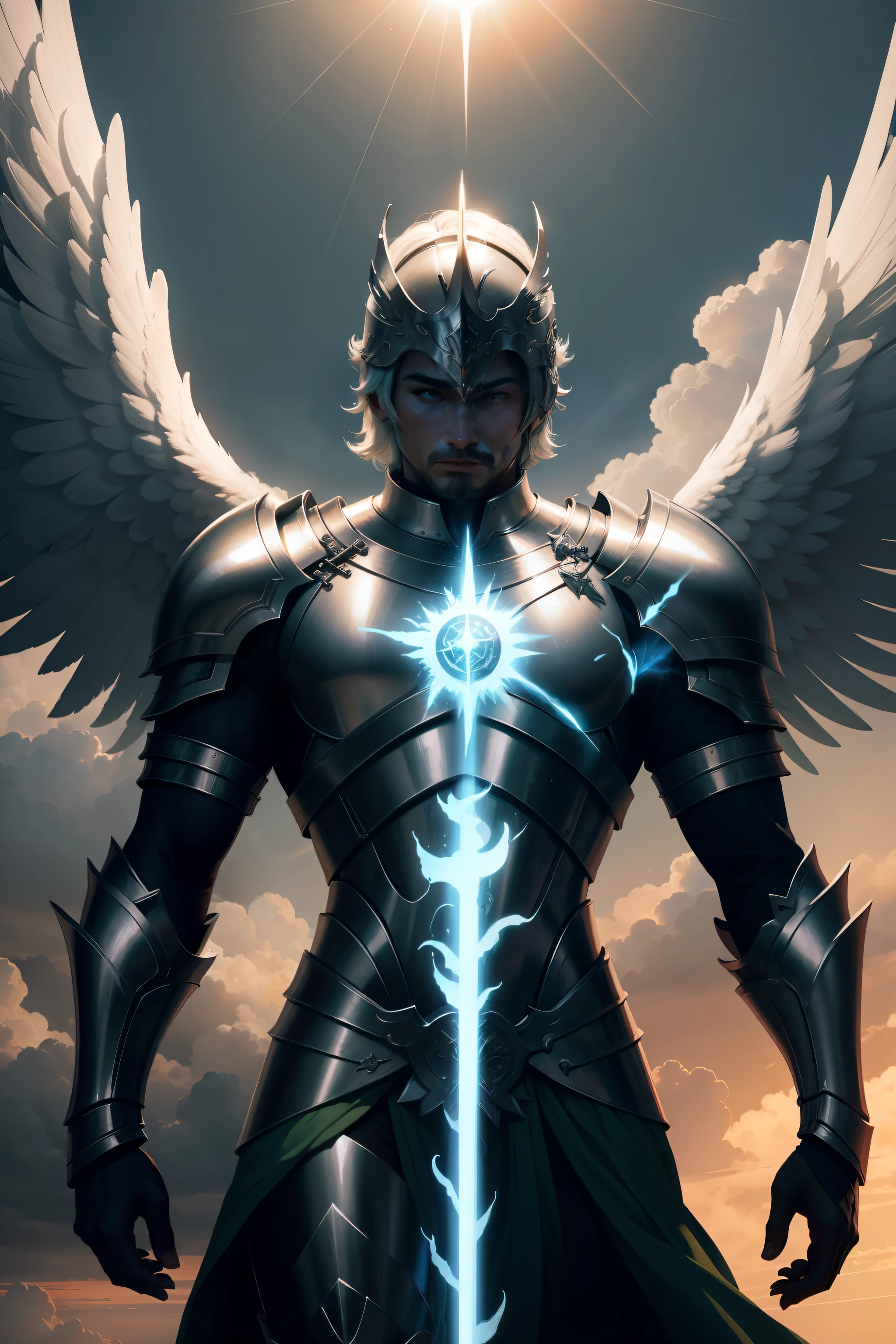 angel man in shining armor of sword imbued with living green fire, asas com penas escuras machucadas, descending from the sky with a sun behind, Gleaming Silver Armor High Definition 4K