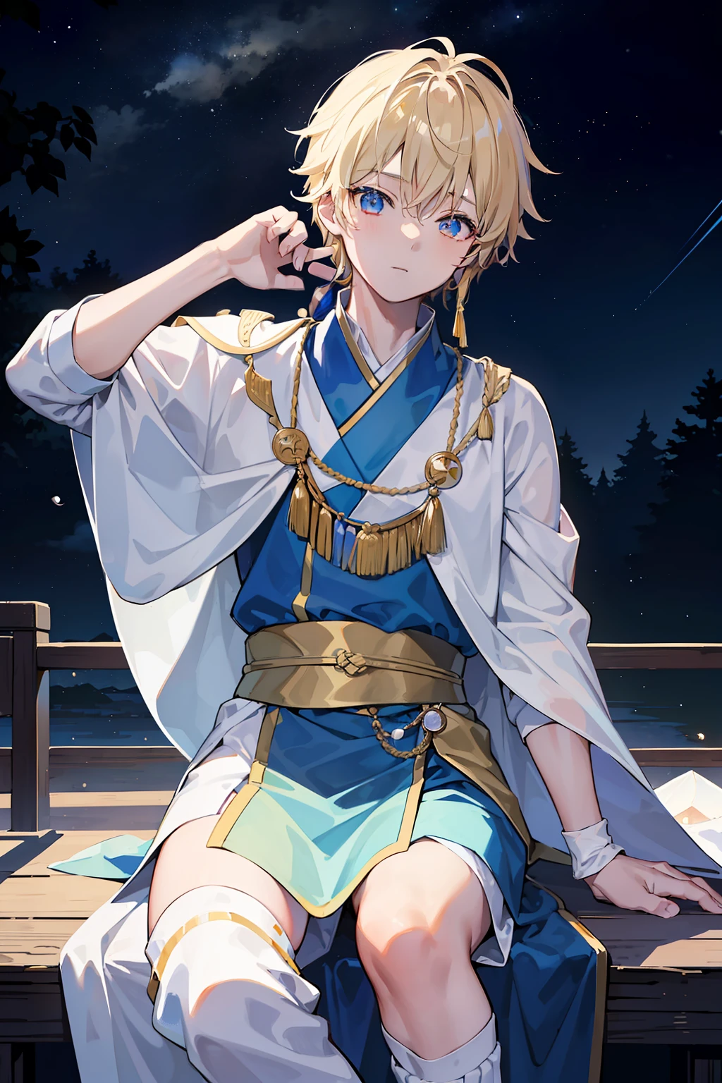 (top-quality、​masterpiece)、(1boy、独奏、Physical education sitting、watching at viewers、)One boy sitting on a crescent moon、Dressed in national costume、Dressed in a traditional poncho、Mash、magic carpet、Physical education sitting、Very beautiful starry sky background、Only one month、Dynamic、