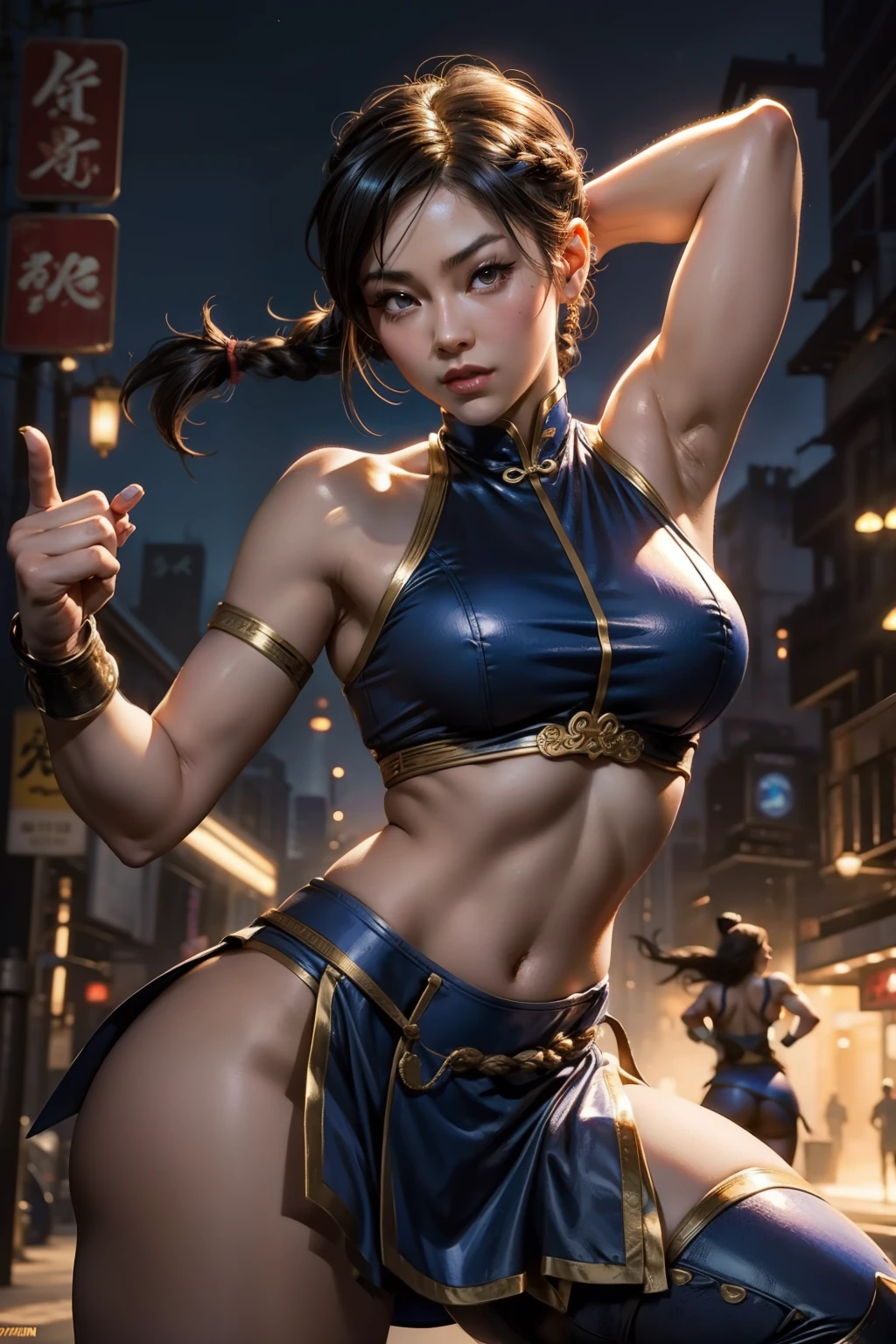 Pinup Chun-Li, sexy pose, Street Fighter Game, Artgerm style, sexy, braid hair