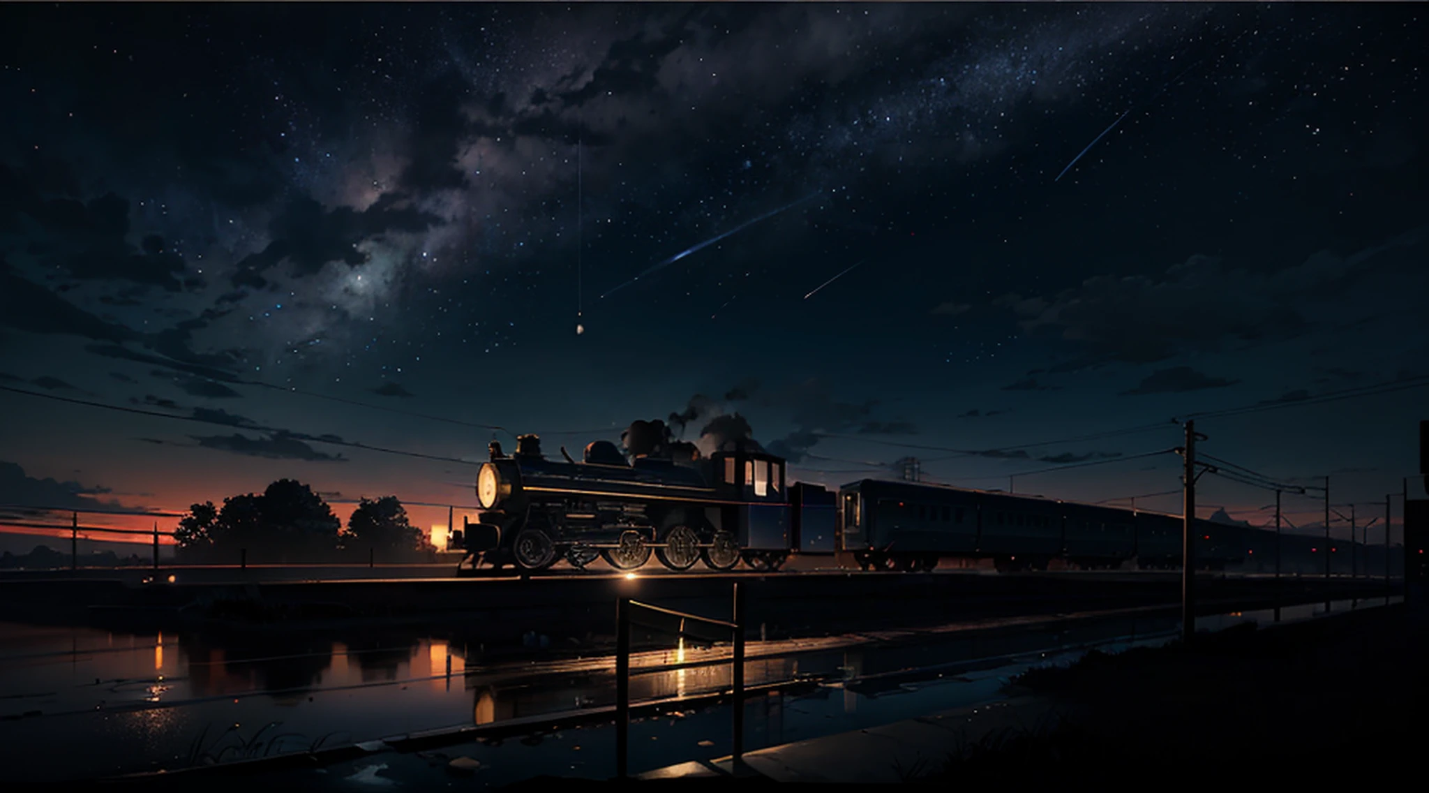 High quality masterpiece, landscape, anime train passing through bodies of water on tracks, bright starry sky. Romantic train, pixiv, concept art, lofi art style, reflection. by Makoto Shinkai, lofi art, Beautiful anime scene, Anime landscape, detailed scenery —width 672, in style of Makoto shinkai, style of Makoto shinkai, enhanced details. --auto