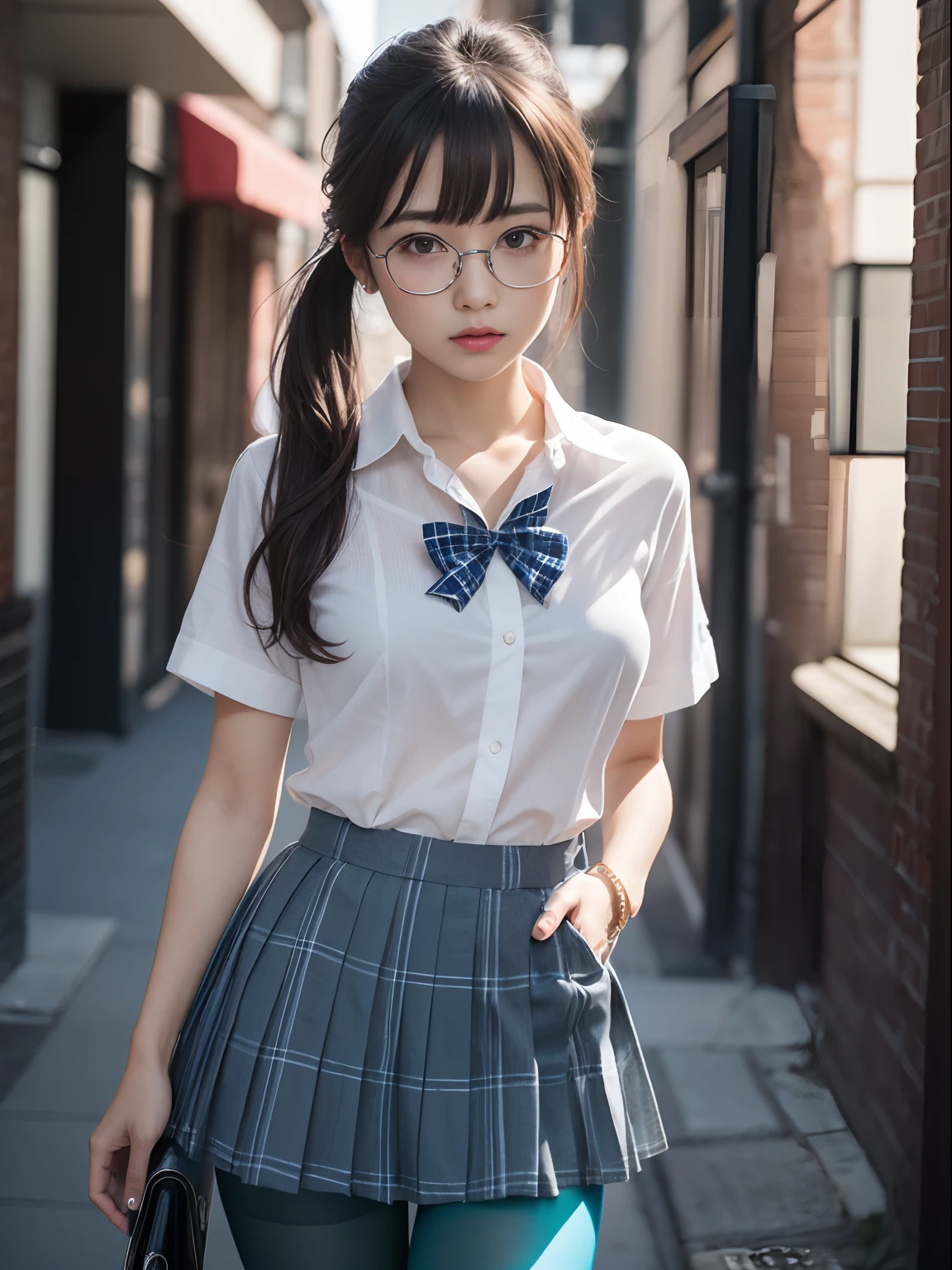 (long pony tail),(8K、Raw photography、top-quality、masterpiece:1.2),glamor,Chromo-white skin,cocky,School,watching at viewers,Looking at the front,Muchimuchi,Erotic,Pupils,(Light blue bra seen through the shirt),de pele branca,kne,((Black pantyhose)),absurderes,a small face,small tits,flat breast,Parting the bangs from the middle、Forehead visible,(a cold expression,Tight eyes,glares,Bullish,skinny,Rasping,irate)、masterpiece,top-quality、超A high resolution,Raw photo,ren,Beautiful fece,One Person, 独奏,eye glass,,Dark look,Small breasts,fullllbody,Round glasses,JK school uniform,hi-school girl,A Japanese Lady,is standing,(Photorealsitic:1.37)、Photon mapping,Realistic、Beautie,Cute little face,Brown-eyed、Black socks、(Red bow tie)、Radio City、Physically Based Rendering、depth of fields、Blurry background、a picture,Body,beauty legs, Long legs, Thin leg,(Bangs are visible), hair, s lips, Blue_The eye, nosesoft,(Light blue shirt), (Navy and blue and white plaid pleated skirt), Knees are visible,Sheer clothing,, Thigh, Black cotton socks,Nogizaka Idol, 女優, Japanese ido