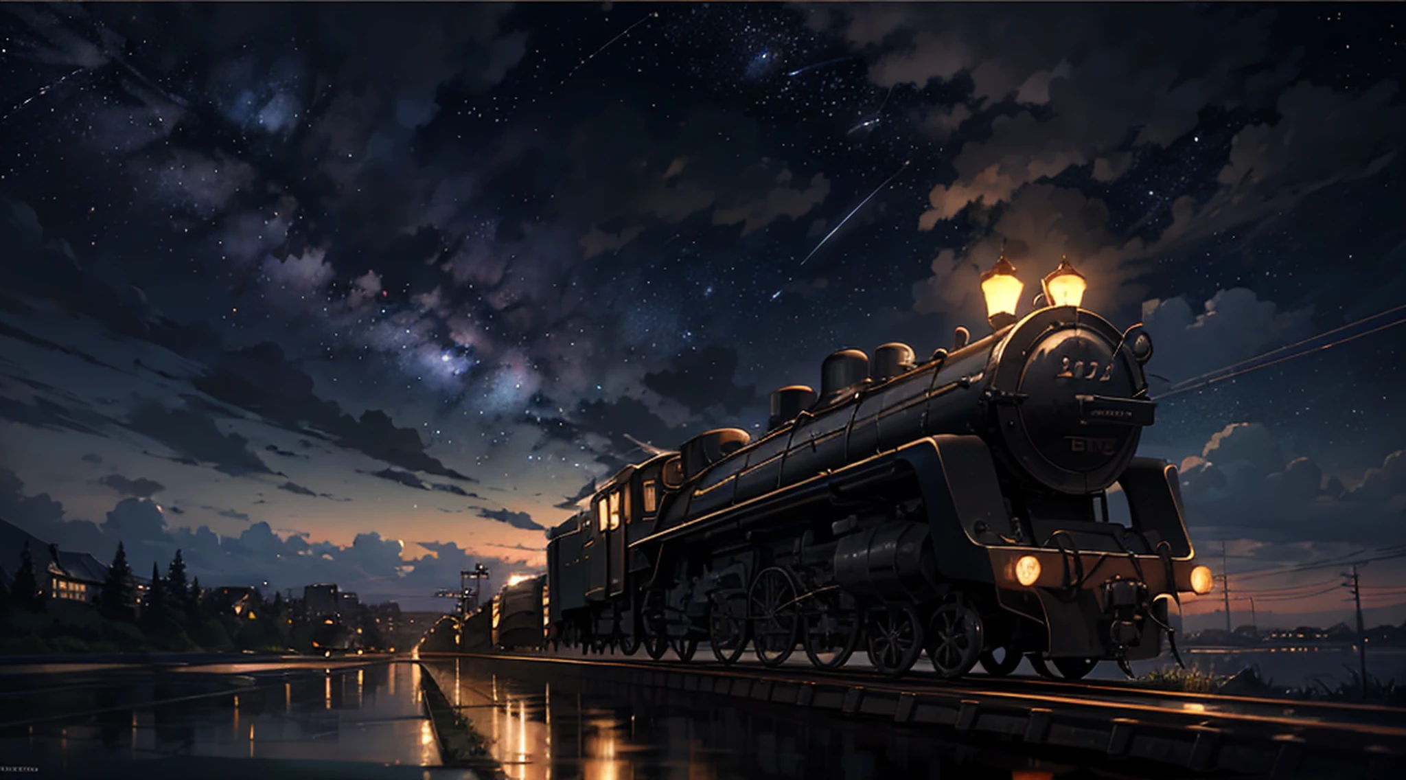 High quality masterpiece, landscape, anime train passing through bodies of water on tracks, bright starry sky. Romantic train, pixiv, concept art, lofi art style, reflection. by Makoto Shinkai, lofi art, Beautiful anime scene, Anime landscape, detailed scenery —width 672, in style of Makoto shinkai, style of Makoto shinkai, enhanced details. --auto