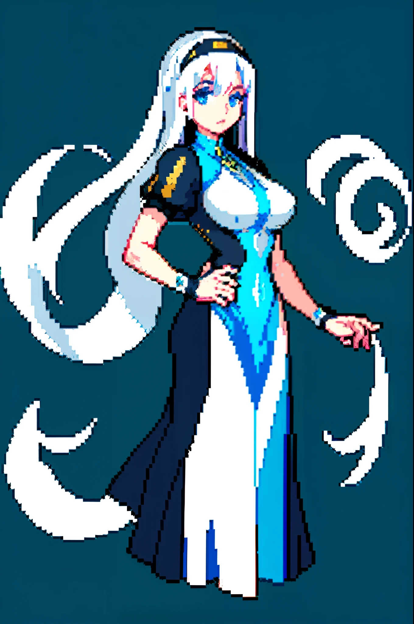 （tmasterpiece，top Quority，best qualtiy），8K，pix，pixelart，Huge picture size，1girll，long  white hair，blue color eyes，Nun dress，mediuml breasts，Pray with both hands，full bodyesbian，sexyposture，Hyper-realistic style