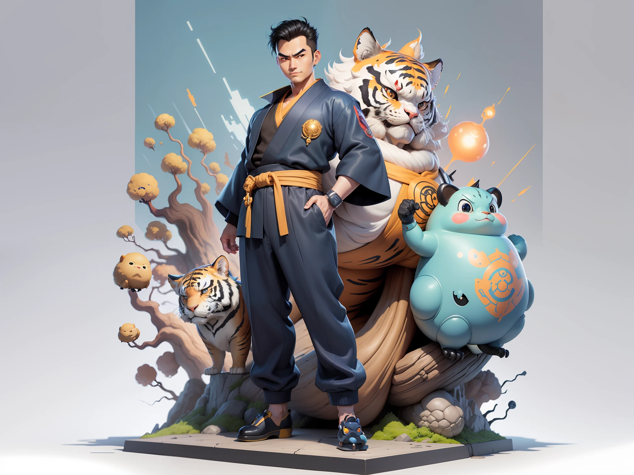 (Masterpiece), (Excellent), (Super Meticulous), (Full Body: 1.2), Super Young Man, Oriental Face, Japanese Kimono, Japanese Wind Thunder God, Dragon, Tiger, TV Anchor, Bust Portrait Illustration, Alone, Black Suit, Blue Tie, Slightly Chubby Face, Very Clean Face, No Beard, Black Super Short Hair, Black Eyes, Confident Smile, 3c Computer Sub-Products, iPad, iPhone, Digital Painting, 3D Character Design by Akira Toriyama and Mark Claireden and Pixar and Hayao Miyazaki, The illustration is a high-definition illustration in 4K resolution with very detailed facial features and cartoon-style visuals.