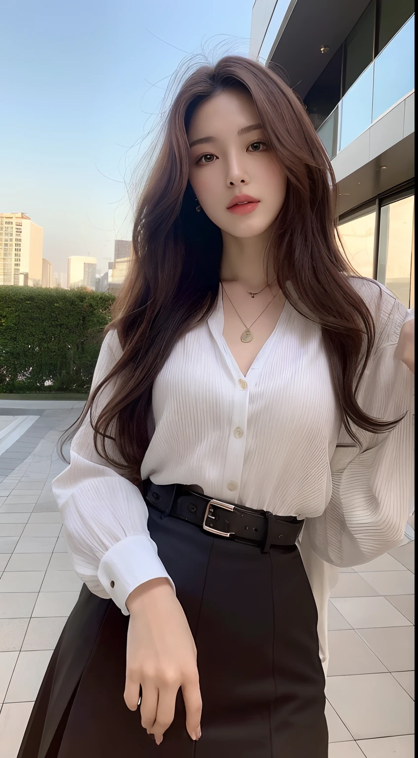 (Best quality, High resolution, Masterpiece :1.3), A tall and pretty woman, Slender abs, Dark brown hair styled in loose waves, Breasts, Wearing pendant, White button up shirt, Belt, Black skirt, (Modern architecture in background), Details exquisitely rendered in the face and skin texture, Detailed eyes, Double eyelid