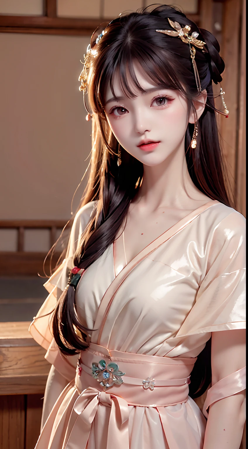 JK girl, girl wearing Japanese girls' school uniform, 8K, very high image quality, film texture, realistic, eating Japanese food, Japanese background, depth of field, tatami room, warm lighting, bow on chest, bangs, long hair over the shoulder, (playful eyes), double eyelids, deepening of the tail of the eyes, lying silkworm, bracelet on the wrist, scarlet lips, sparkling lips with texture, fine skin texture, brown sparkling pupils, (((eyes looking at the camera)))), slender fingers, ((round face)), ( ((small lips)))
