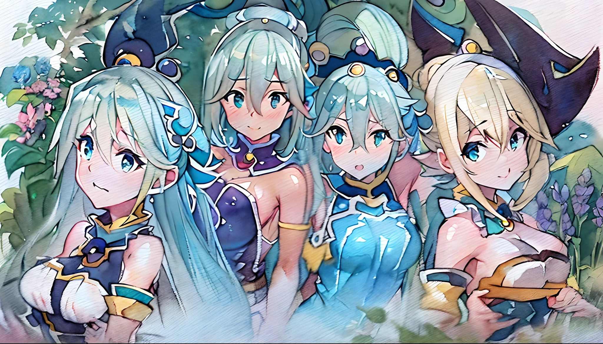 (Aqua from Konosuba:1.5),(sexy maid:1.2),(magical forest:1.2),(cutesexyrobutts:1.2),(RossDraw 2.5:1.1),(KDA:1.1),(WLOP:1.1),(Sakimichan:1.1),(watercolor:1.2)
