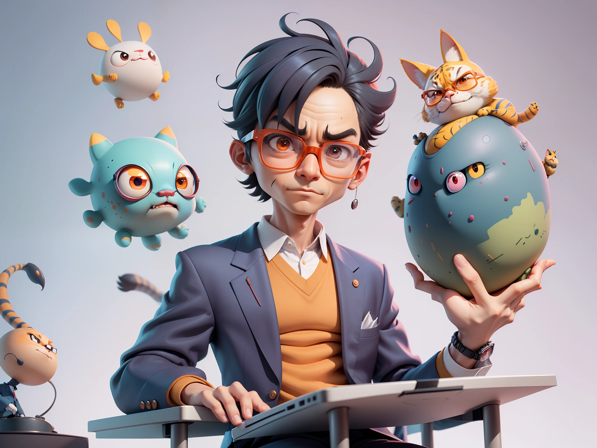 A young man in a suit, Short hair and glasses sat at his desk,holding laptop,digitial painting,tigre,3D character design by Mark Clairen and Pixar and Hayao Miyazaki and Akira Toriyama,4K HD illustration,Very detailed facial features and cartoon-style visuals。