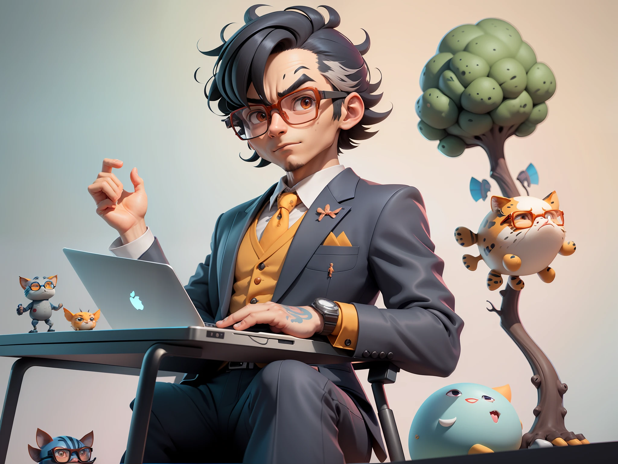 A young man in a suit, Short hair and glasses sat at his desk，holding laptop，digitial painting，tigre，3D character design by Mark Clairen and Pixar and Hayao Miyazaki and Akira Toriyama，4K HD illustration，Very detailed facial features and cartoon-style visuals。