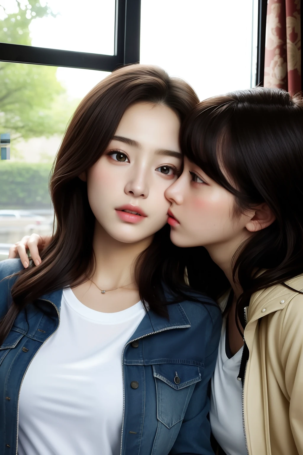 masterpiece, best quality, detailed lips, detailed face, detailed skin, 2girls, multiple girls, yuri, petite, jacket, open jacket, t shirt, small breasts, kiss, kissing, indoors