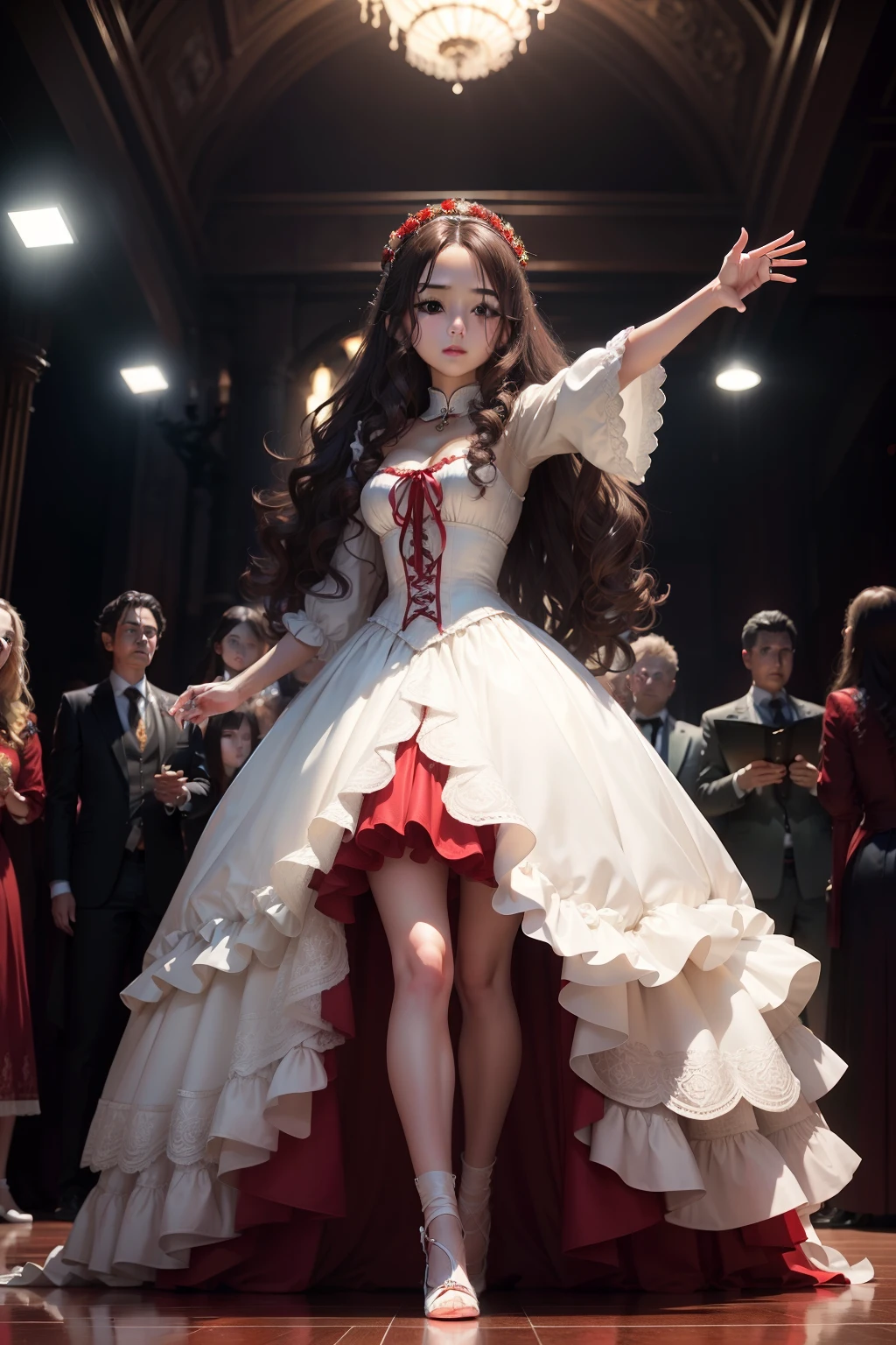 tmasterpiece，best qualtiy，1 girl,brunette color hair,long whitr hair,curlies,Bigchest,the night,neonlight,Red wedding dress,up front view,standing on your feet,in crowd。