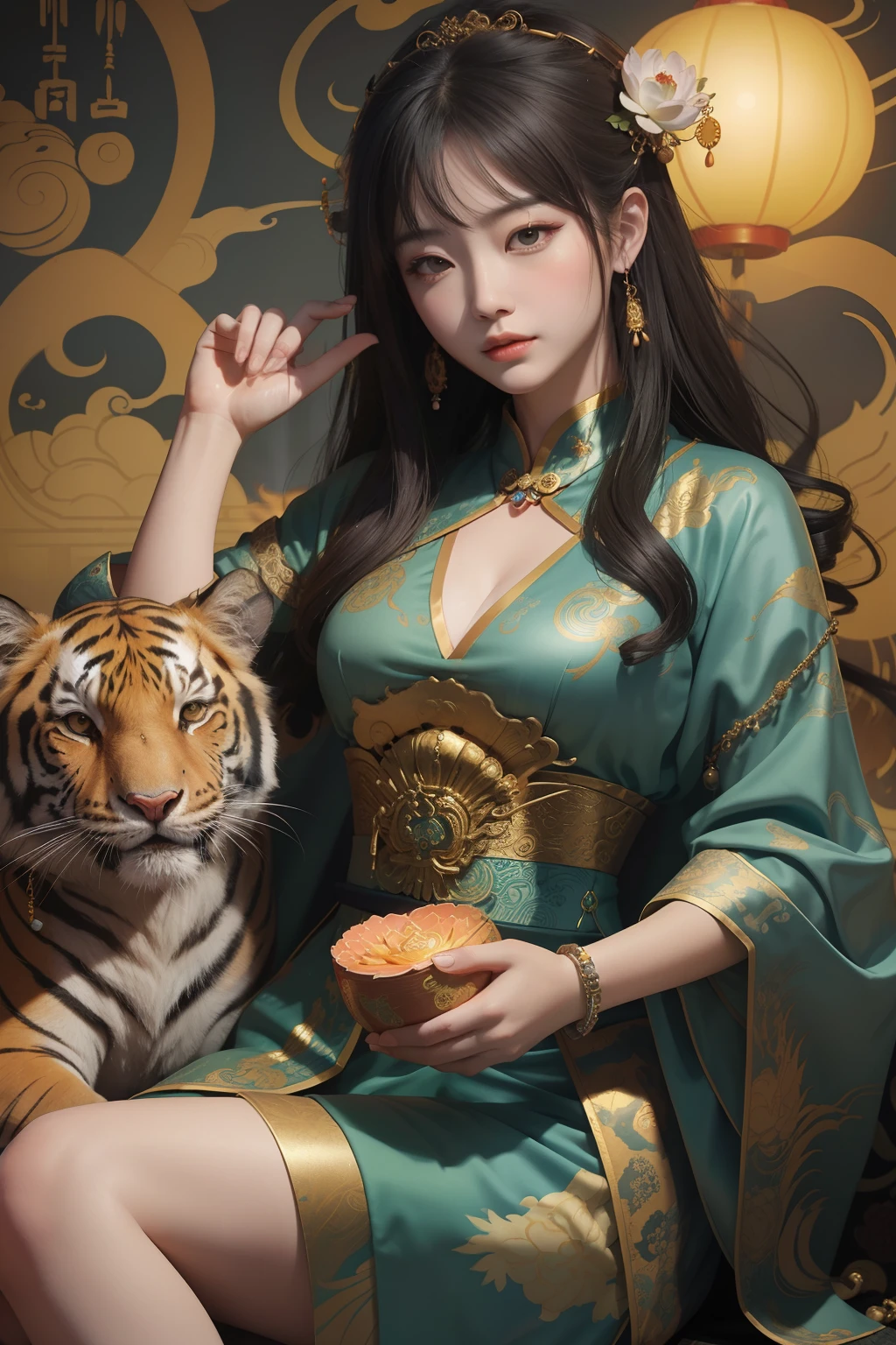 an ancient Chinese goddess, guanyin of the southern seas, Guanyin, Inspired by China, Avalokiteshvara rides a tiger，,Serene expression,shui mo hua,Buddha,Buddhist,Lotus,Chinese painting style,Thangka style