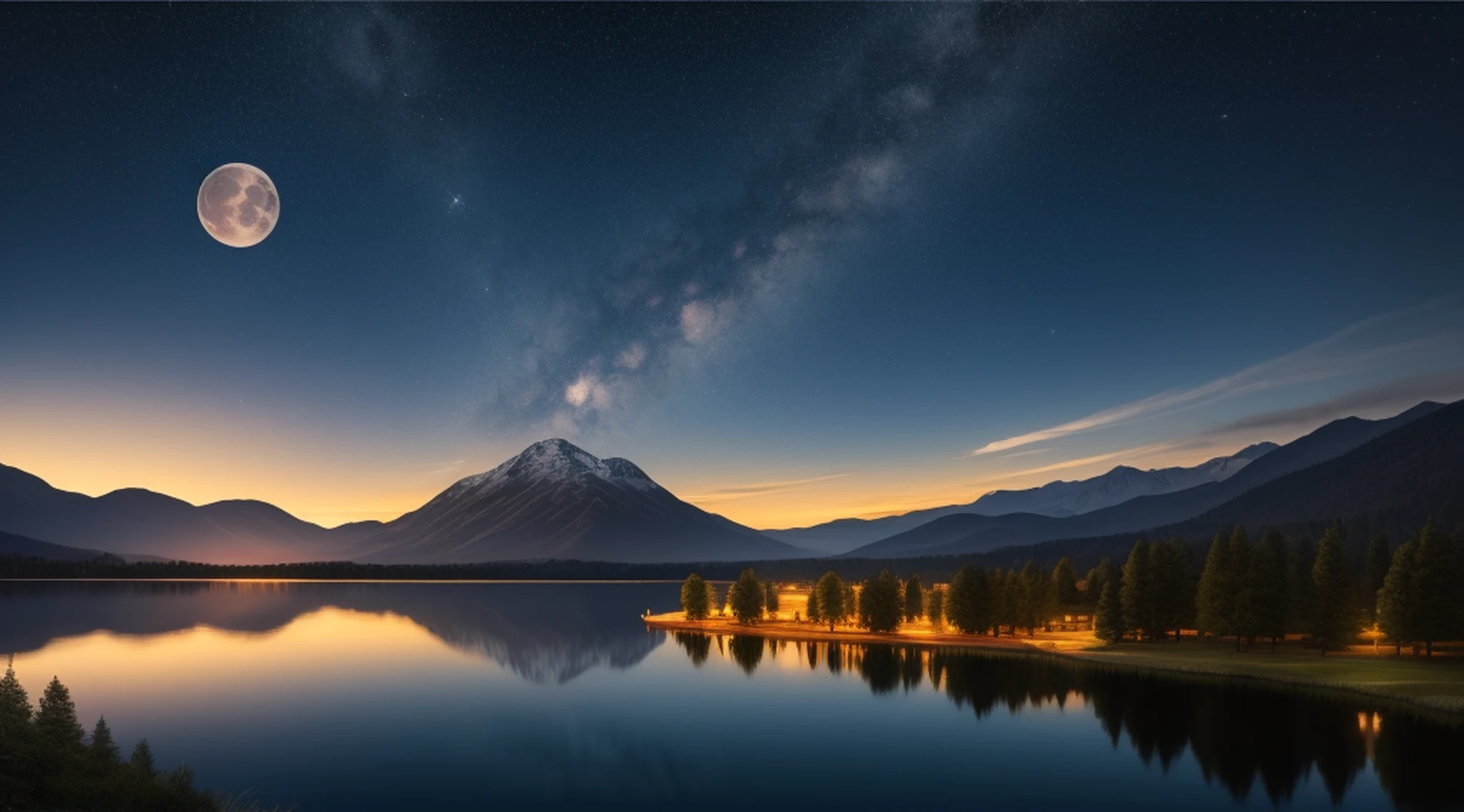 Very starry night. A giant moon behind the mountains. A tranquil lake reflecting the night. Realistic scene, detailed, photorealism, 8k --auto