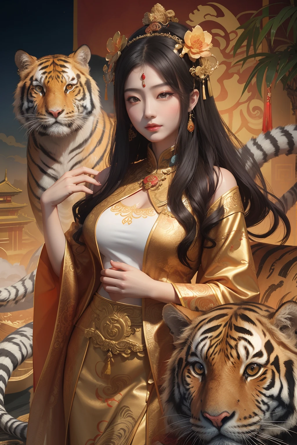 an ancient Chinese goddess, guanyin of the southern seas, Guanyin, Inspired by China, Avalokiteshvara rides a tiger,,Serene expression,shui mo hua,Buddha,Buddhist,Lotus,Chinese painting style,Thangka style