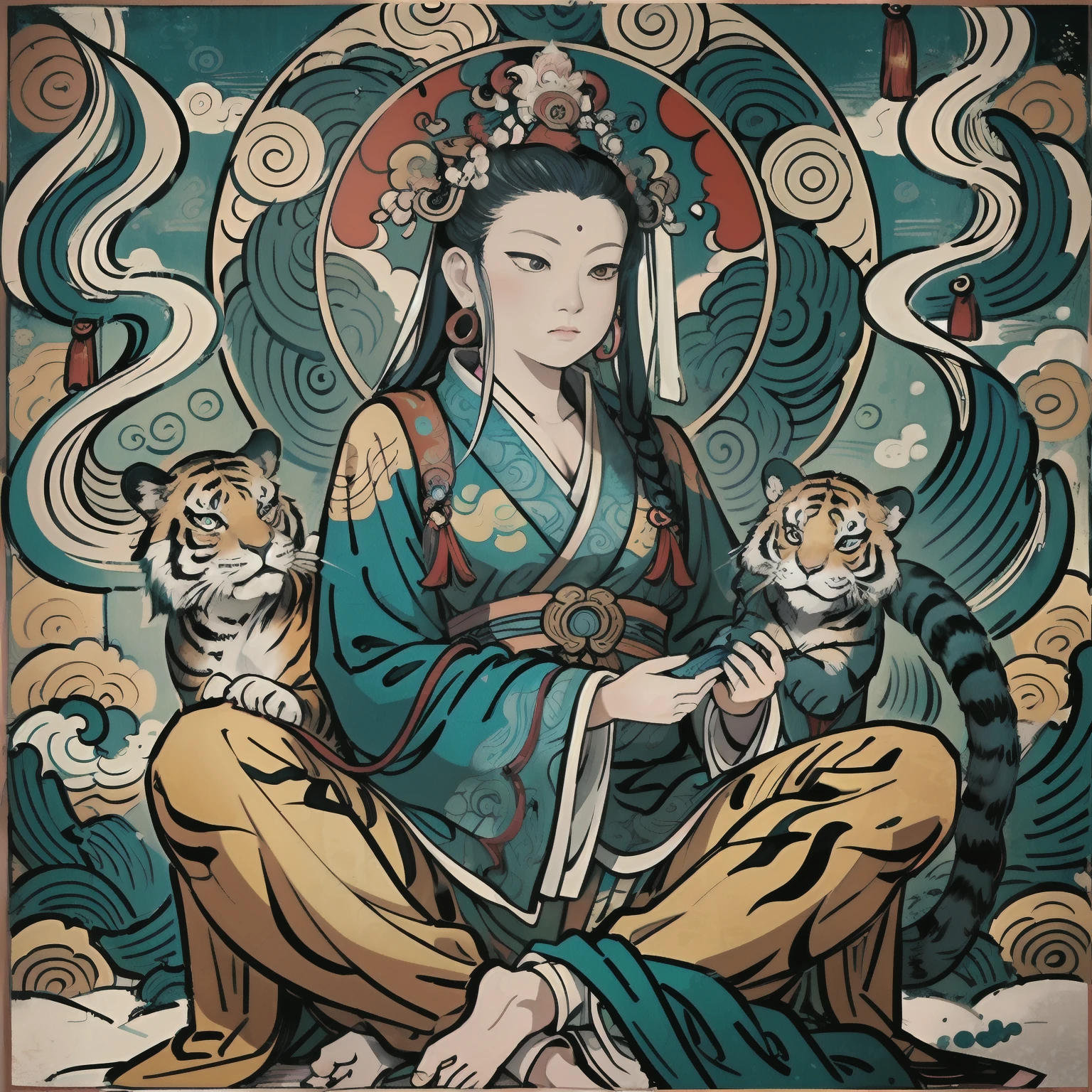 an ancient Chinese goddess, guanyin of the southern seas, Guanyin, Inspired by India, Avalokiteshvara rides a tiger,,Serene expression,shui mo hua,Buddha,Buddhist,Lotus,Chinese painting style,Thangka style