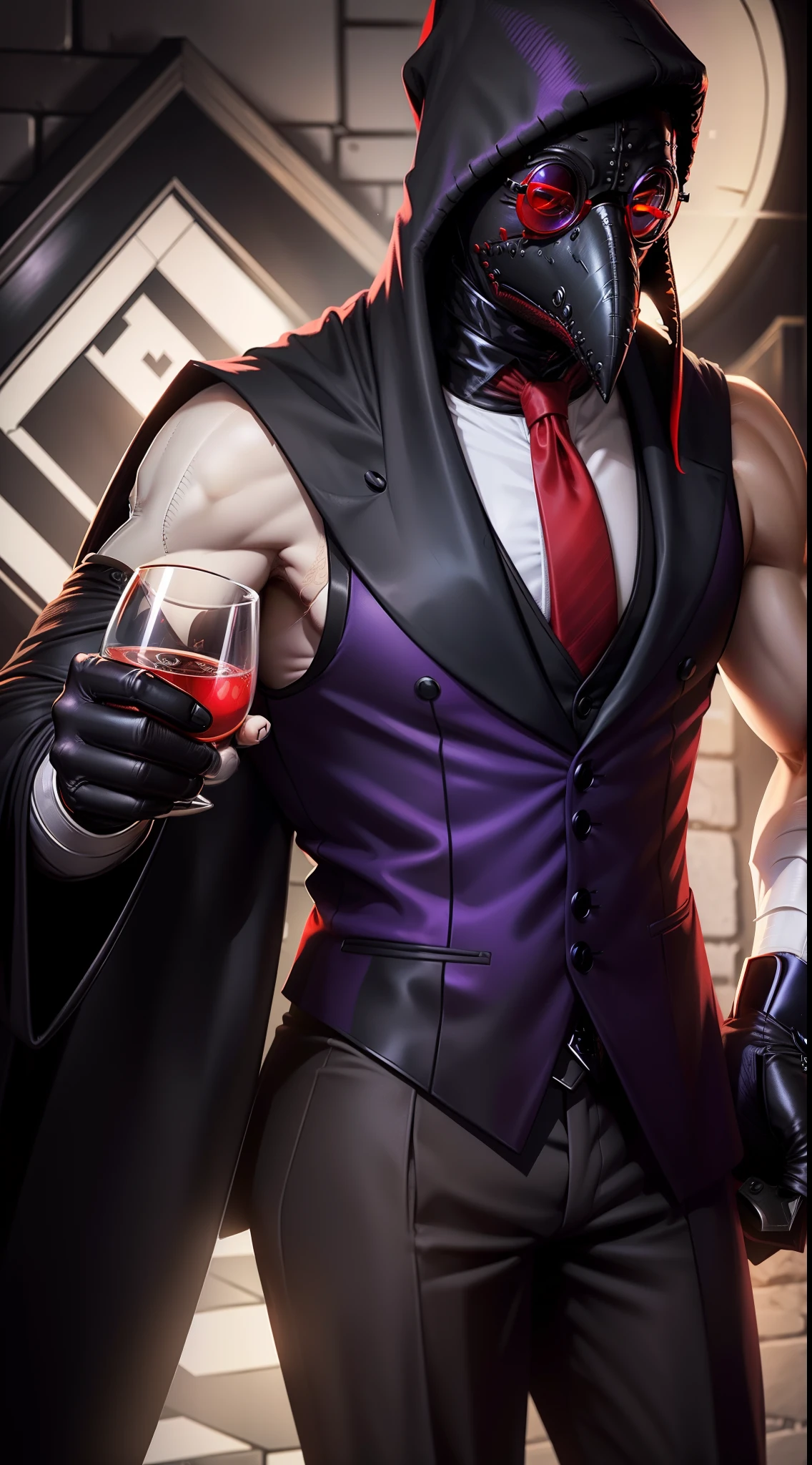 gentleman, doctor plague mask closed ((with red round lenses and black beak)), ((black vest)), ((red tie)), holding a cup of coffee in his right hand, no logo, clean white background, in the text,((purple eyes)) no background