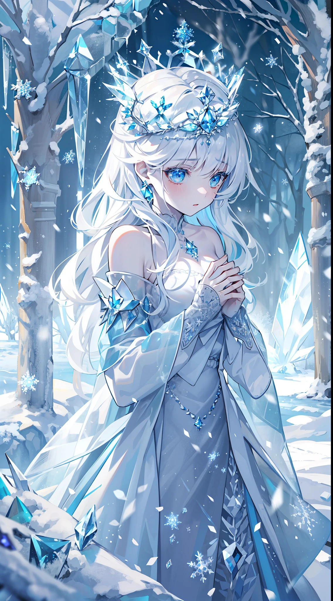masterpiece, highlydetailed, ultra-detailed, cold, solo, (1girl), (pale skin), icyblue eyes, frosty white hair, frozen tears, (snowy background), snowflakes, (frozen flowers:0.5), (crystal crown), (sparkling ice crystals), (transparent ice dress), (snow-covered ground), (icy breath), (frozen lashes), (shivering), (loneliness:0.8), (sadness:0.5)