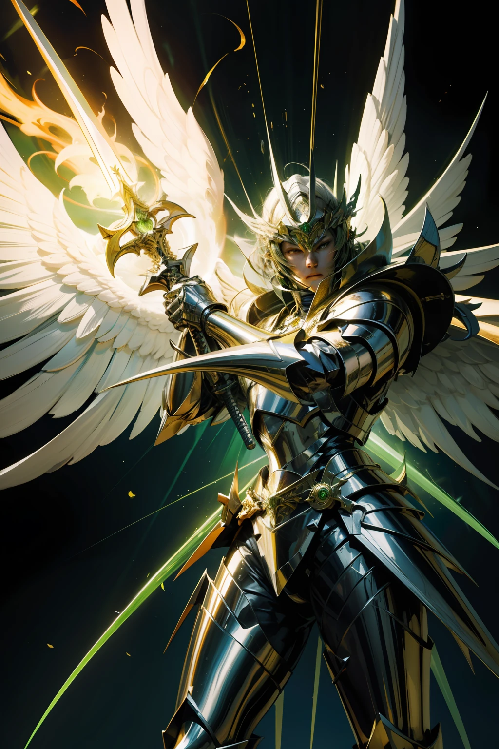 angel man in shining sword armor imbued with bright green fire, asas com penas escuras machucadas, Descending from the sky with a sun behind, Gleaming 4K High Definition Silver Armor