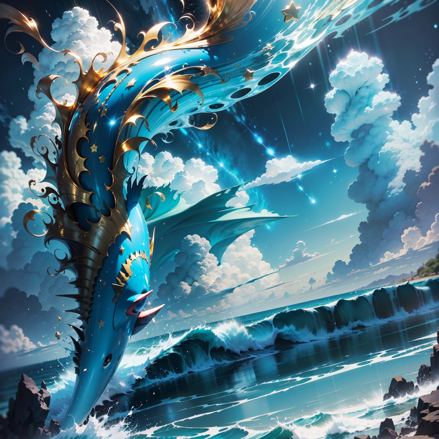 Light blue Shinkai Makoto manga style cloud sea，Brilliant gold，There is a dazzling star hanging high in the sky