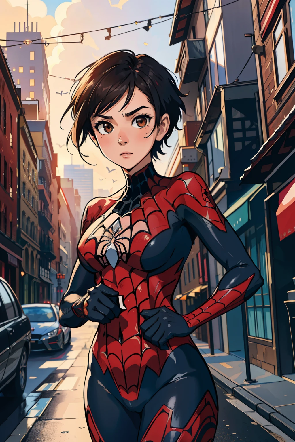 (masterpiece, best quality), intricate details, 8k, artstation, wallpaper, official art, splash art, sharp focus, 1girl, sarada, very short hair, brown eyes, spider suit, spider web print, spider web, no mask skyscraper, city, buildings, cars, street,