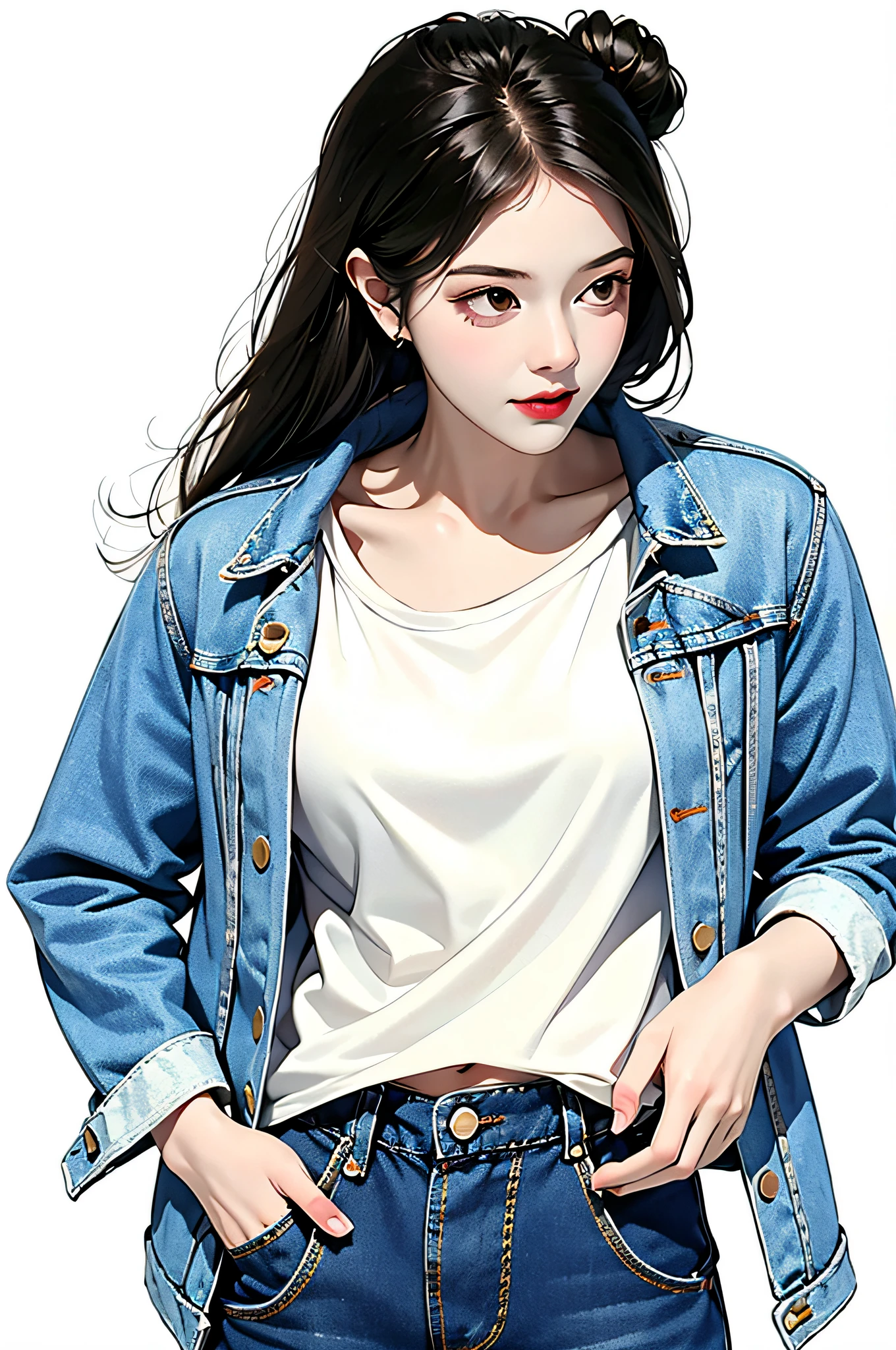 masterpiece, best quality, ((pure white background)), standing, black hair bun,cold face, full body, Denim jacket, white T-shirt, casual pants, (Fashionable clothing), happy, light effect, soft, super clear, high-definition picture, (front)