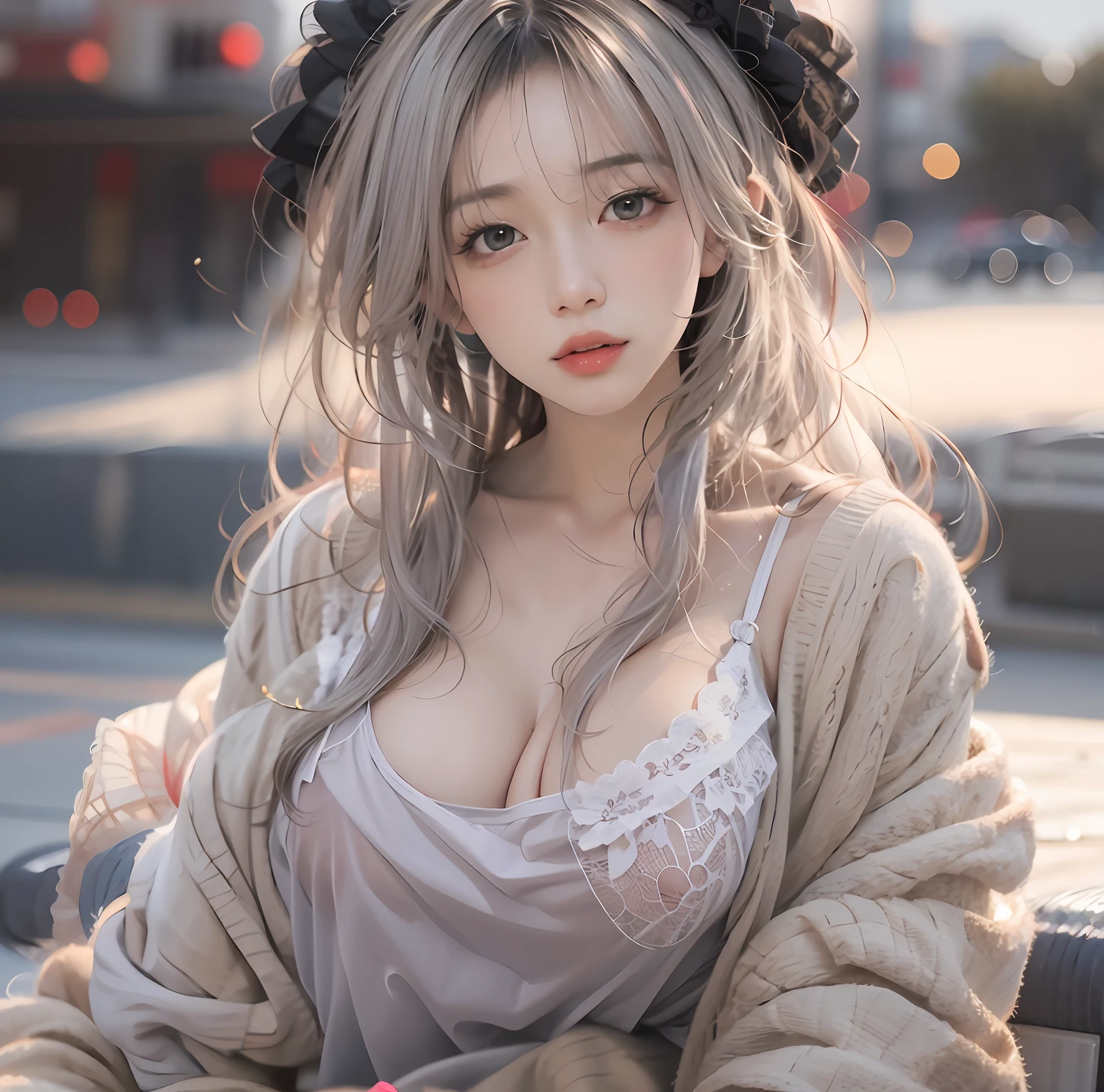 One guy,(8K, RAW photo, Photorealistic:1.25) ,( Gloss on lips, eyeslashes, gloss face, Glossy glossy skin, best qualtiy, 超高分辨率, depth of fields, color difference, Caustics, Wide light, naturalshadow, Kpop idol)Sit at home,big white legs,European style,big a,huge titge tit,hutit,Exposbreasts,Dreslingly,sliver long hair,Raised sexy