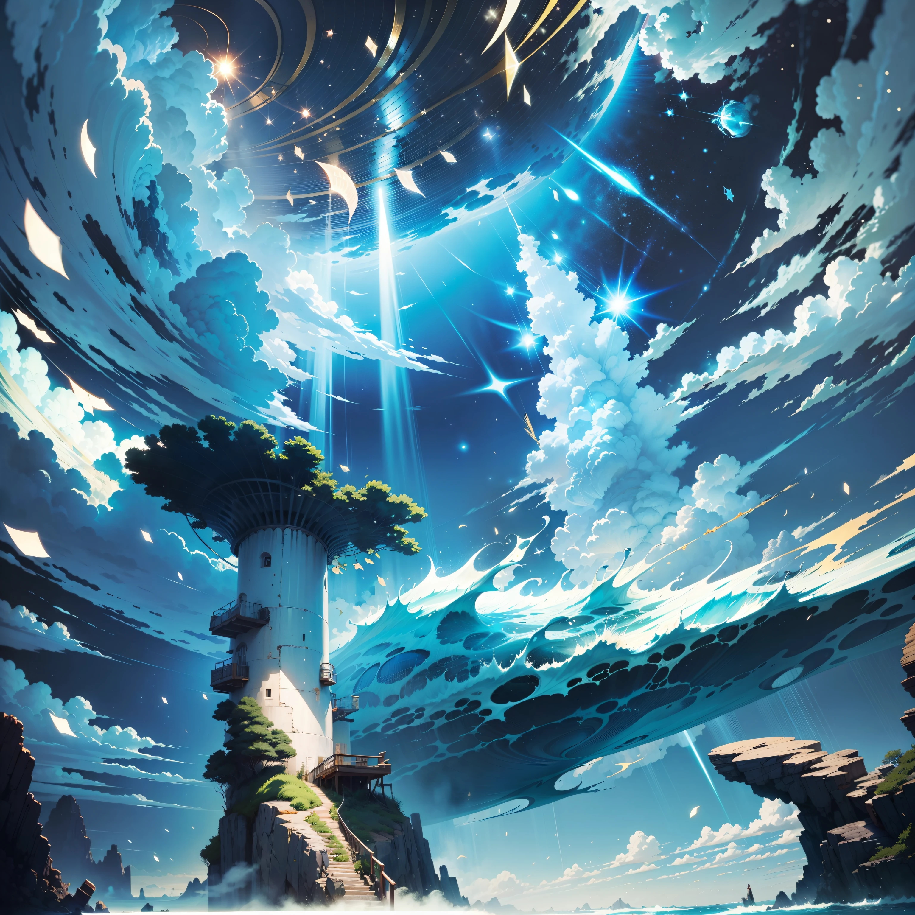 Light blue Shinkai Makoto manga style cloud sea,Brilliant gold,There is a dazzling star hanging high in the sky
