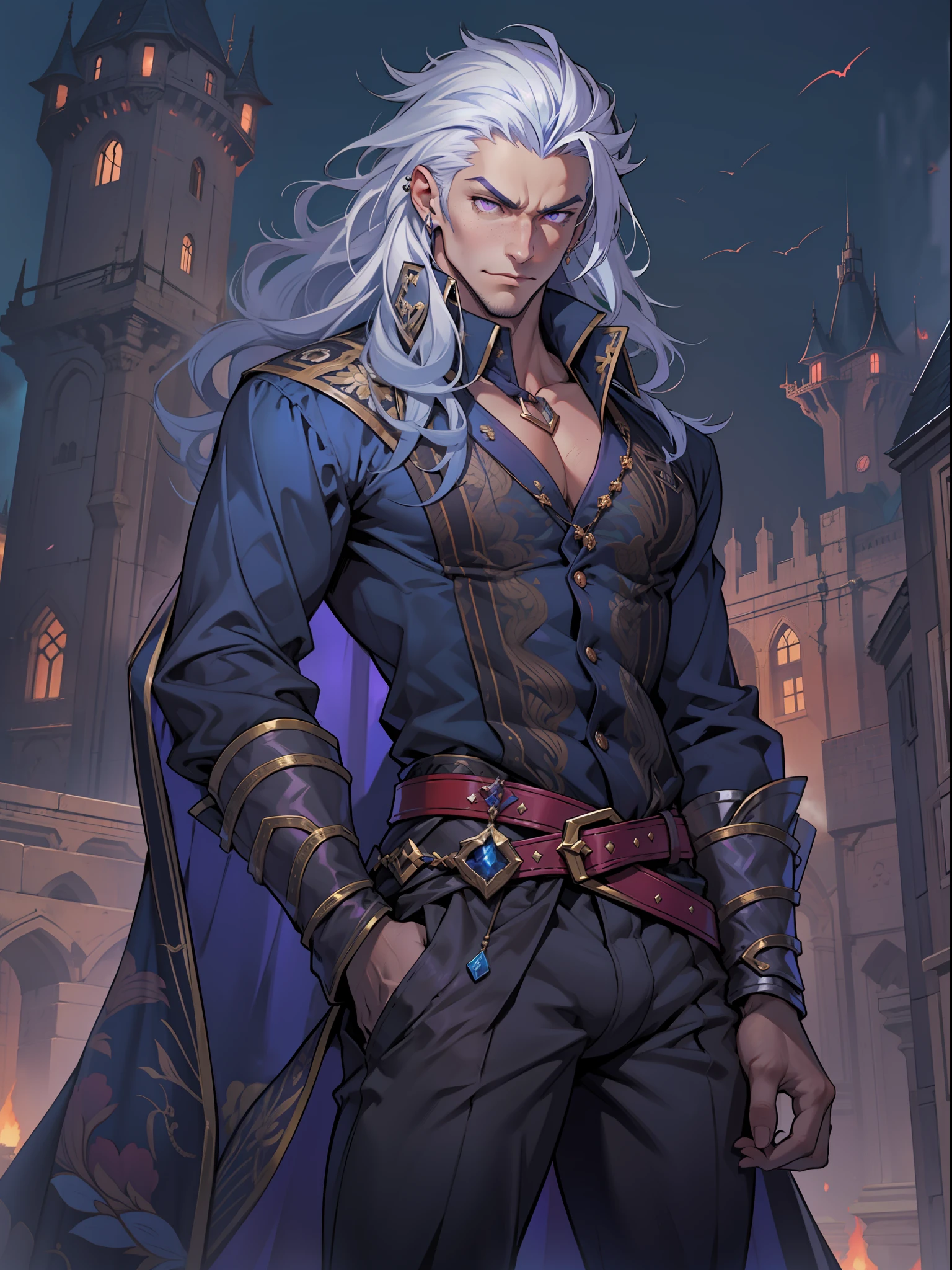 Handsome male. white hair. Long hair. Royal attire. Freckles. Piercings. Arrogant expression. Bara. brown skin. 9 ft tall. Big bulge in pants. Blue hair tips. Purple eyes. Black shirt. Mischievous. Sinister. Muscular body. Castle. Silky hair.
