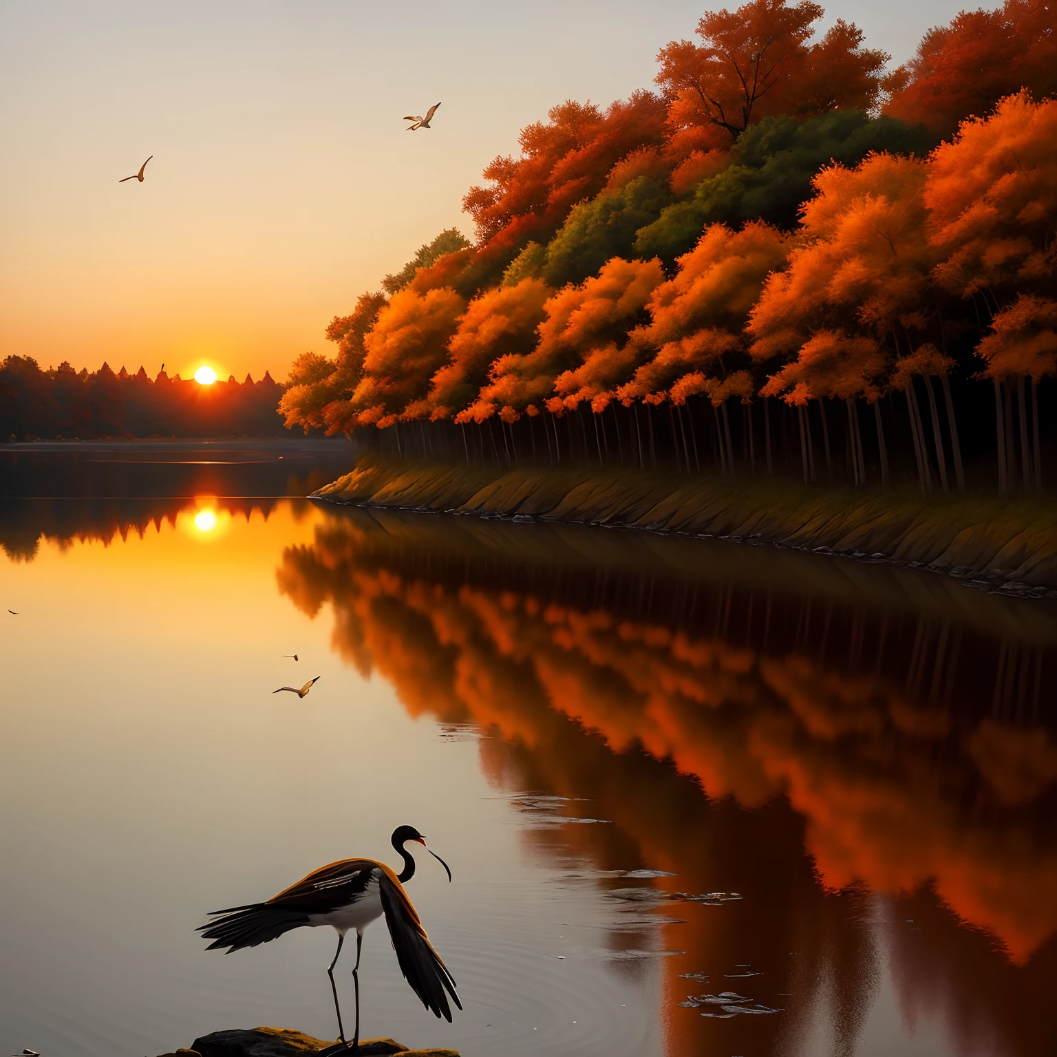 Beautiful 4K digital painting,Highly detailed nature scenes,Autumn at sunset,Warm and romantic,Birds on the rocks,Art that shows the beauty of nature。