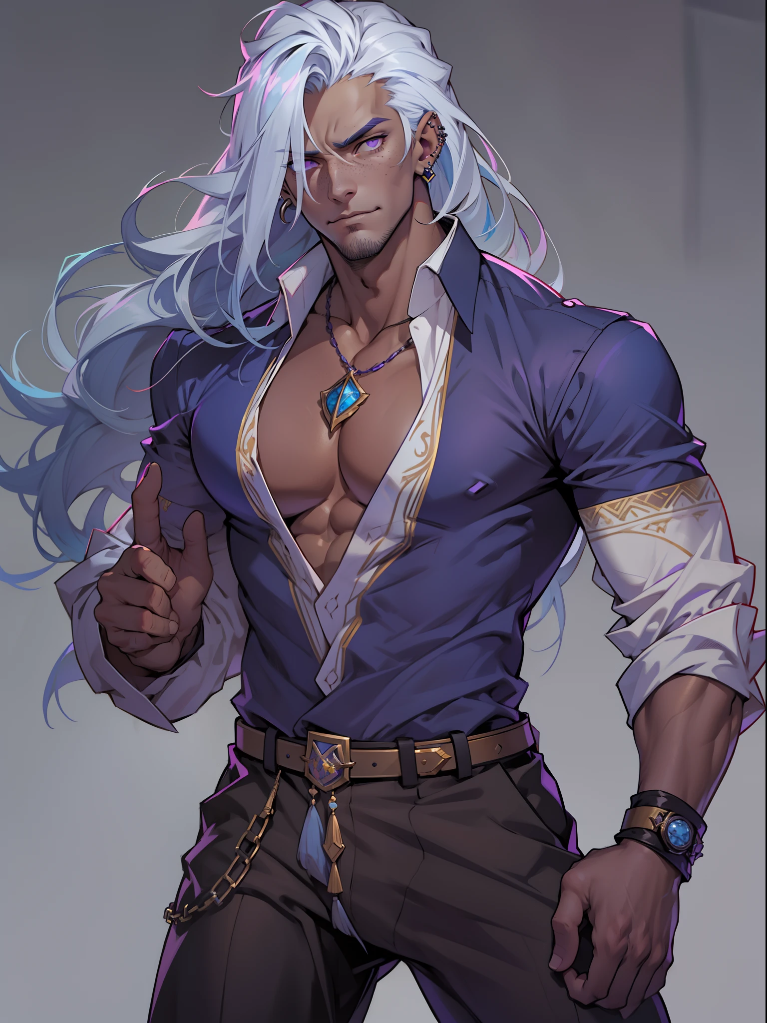 Handsome male. white hair. Long hair. Royal attire. Freckles. Piercings. Arrogant expression. Bara. brown skin. 9 ft tall. Big bulge in pants. Blue hair tips. Purple eyes. Black shirt. Mischievous. Sinister. Muscular body. Castle. Silky hair.