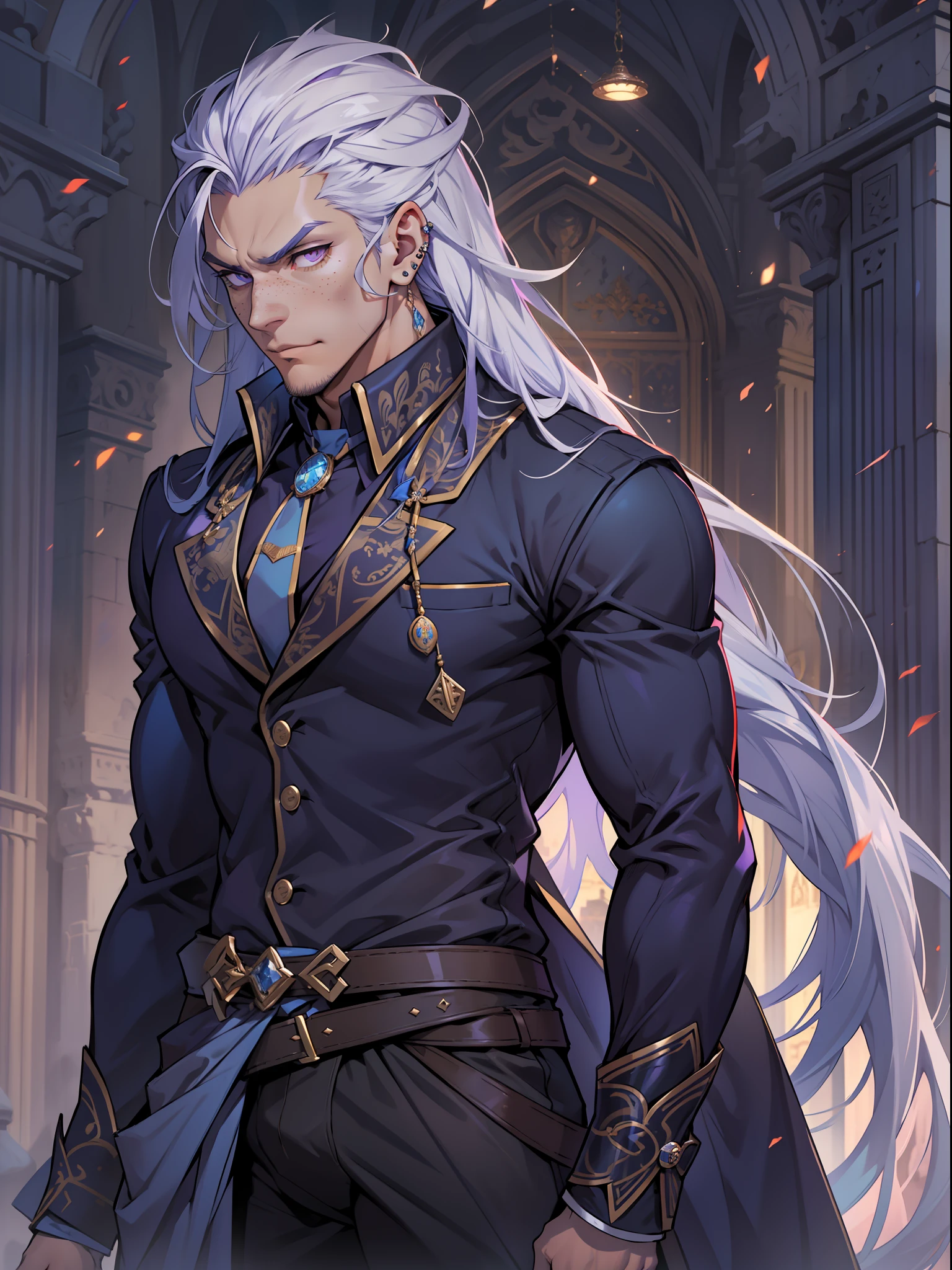 Handsome male. white hair. Long hair. Royal attire. Freckles. Piercings. Arrogant expression. Bara. brown skin. 9 ft tall. Big bulge in pants. Blue hair tips. Purple eyes. Black shirt. Mischievous. Sinister. Muscular body. Castle. Silky hair.