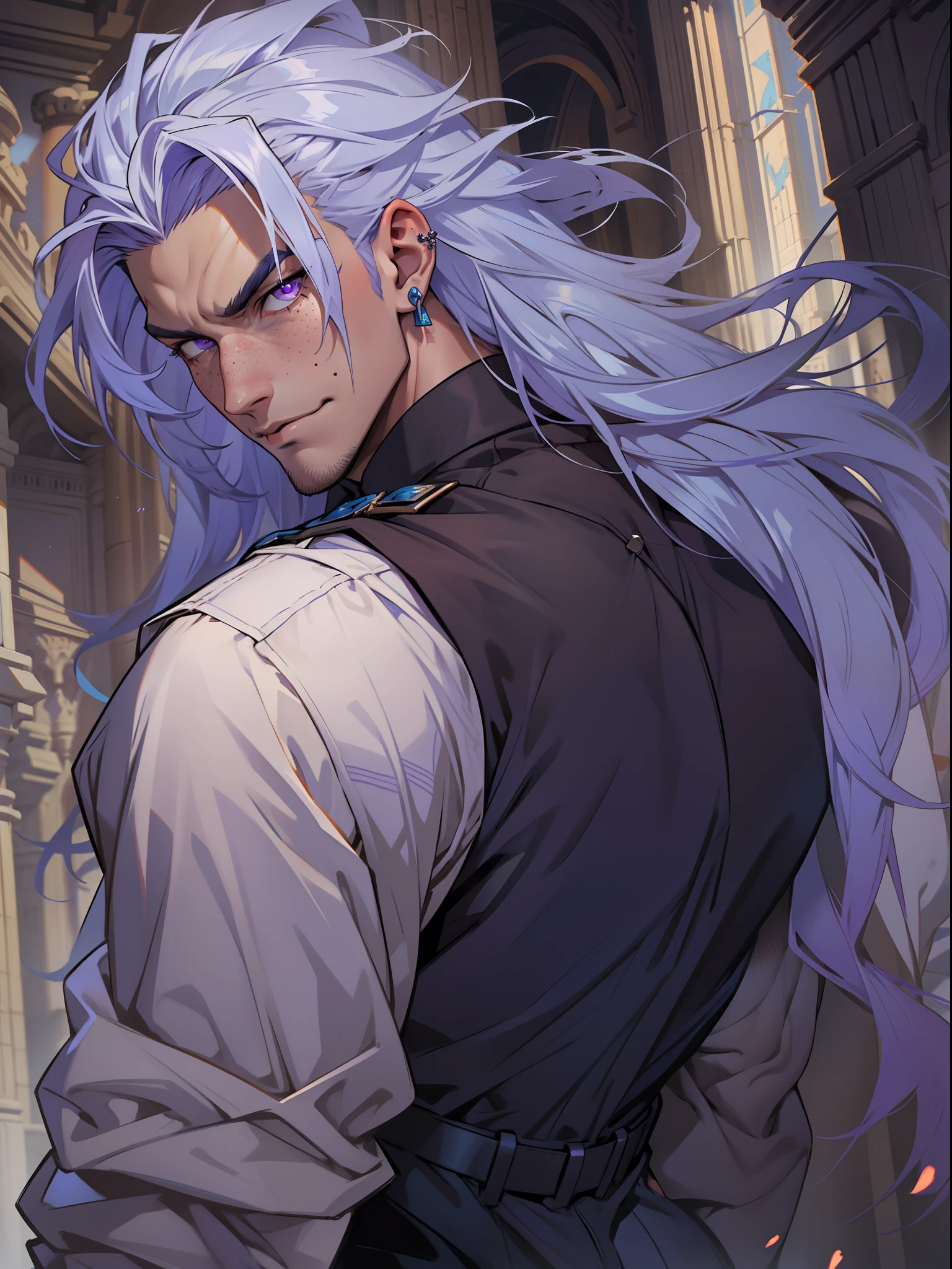 Handsome male. white hair. Long hair. Royal attire. Freckles. Piercings. Arrogant expression. Bara. brown skin. 9 ft tall. Big bulge in pants. Blue hair tips. Purple eyes. Black shirt. Mischievous. Sinister. Muscular body. Castle. Silky hair.