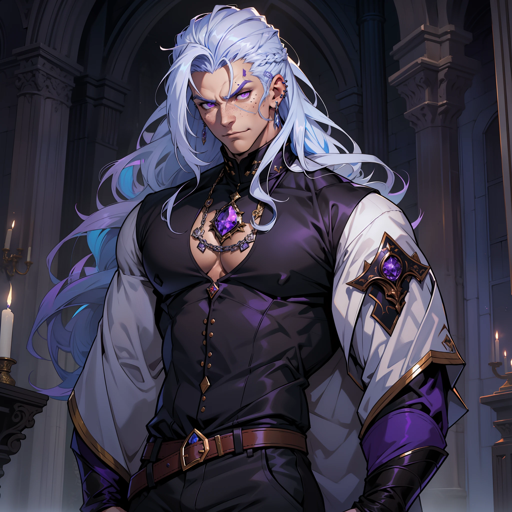 Handsome vampire male. Ash white hair. Long hair. Royal attire. Freckles. Piercings. Arrogant expression. Bara. brown skin. 9 ft tall. Big bulge in pants. Blue hair tips. Purple eyes. Black shirt. Mischievous. Sinister. Muscular body. Castle. Silky hair.