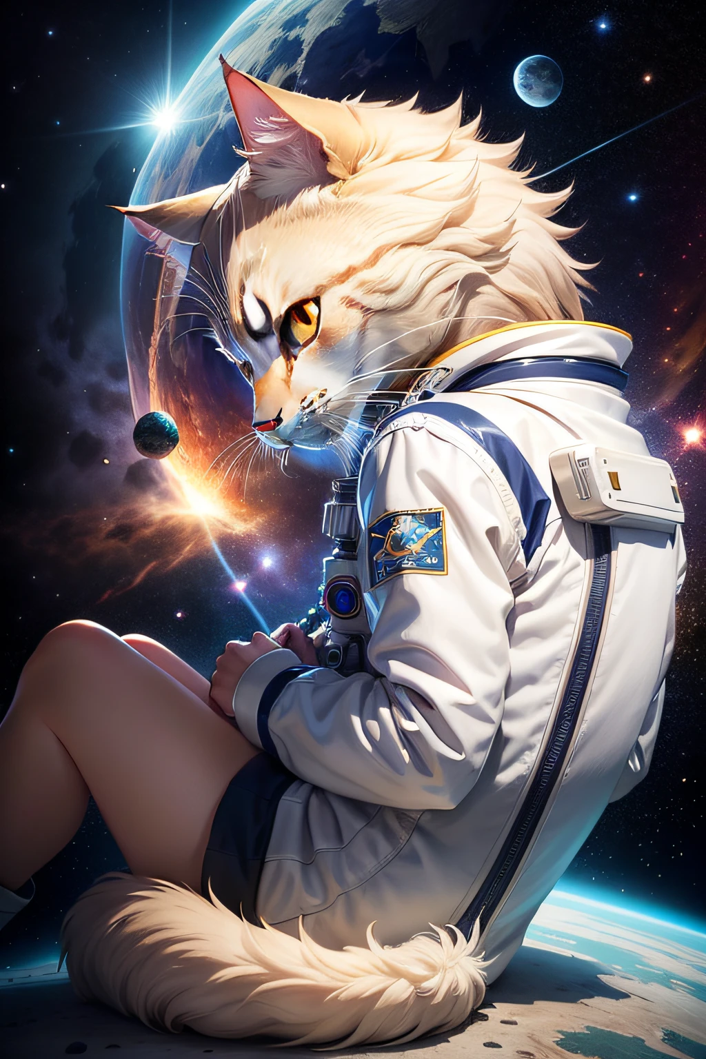 tmasterpiece,HighestQuali,A feline,An adult cat,side looking,Ghibli animation style,space,As estrelas,Spacesuit,Sitting