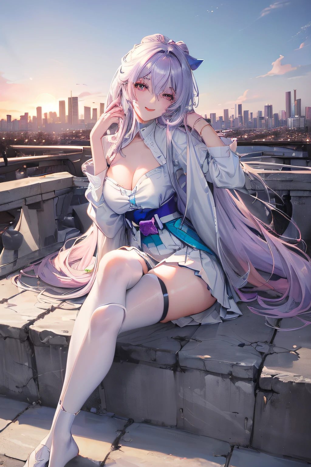 official art, masterpiece, sharp focus, (beautiful gorgeous cute Korean woman:1.3), (beautiful cute korean:1.3), korean beauty, Delicate and beautiful hair and eyes and face, realistic, ultra detailed, beautiful girl, blue sky, glow white particle, (sidelighting:1.2), sun light, white cloud, detailed clouds, slender, Lovely very large breasts and very large hips, smile with teeth, ((smile with eyes, open both eyes)), scenery, long straight hair, sexy facial expression, building, (cityscape:1.7), dynamic hair, long straight hair, detailed platinum purple hair, glow pink eyes, (blue pleated shirts + white skirt), white long socks, pale skin, hair ornament, epic scenery,