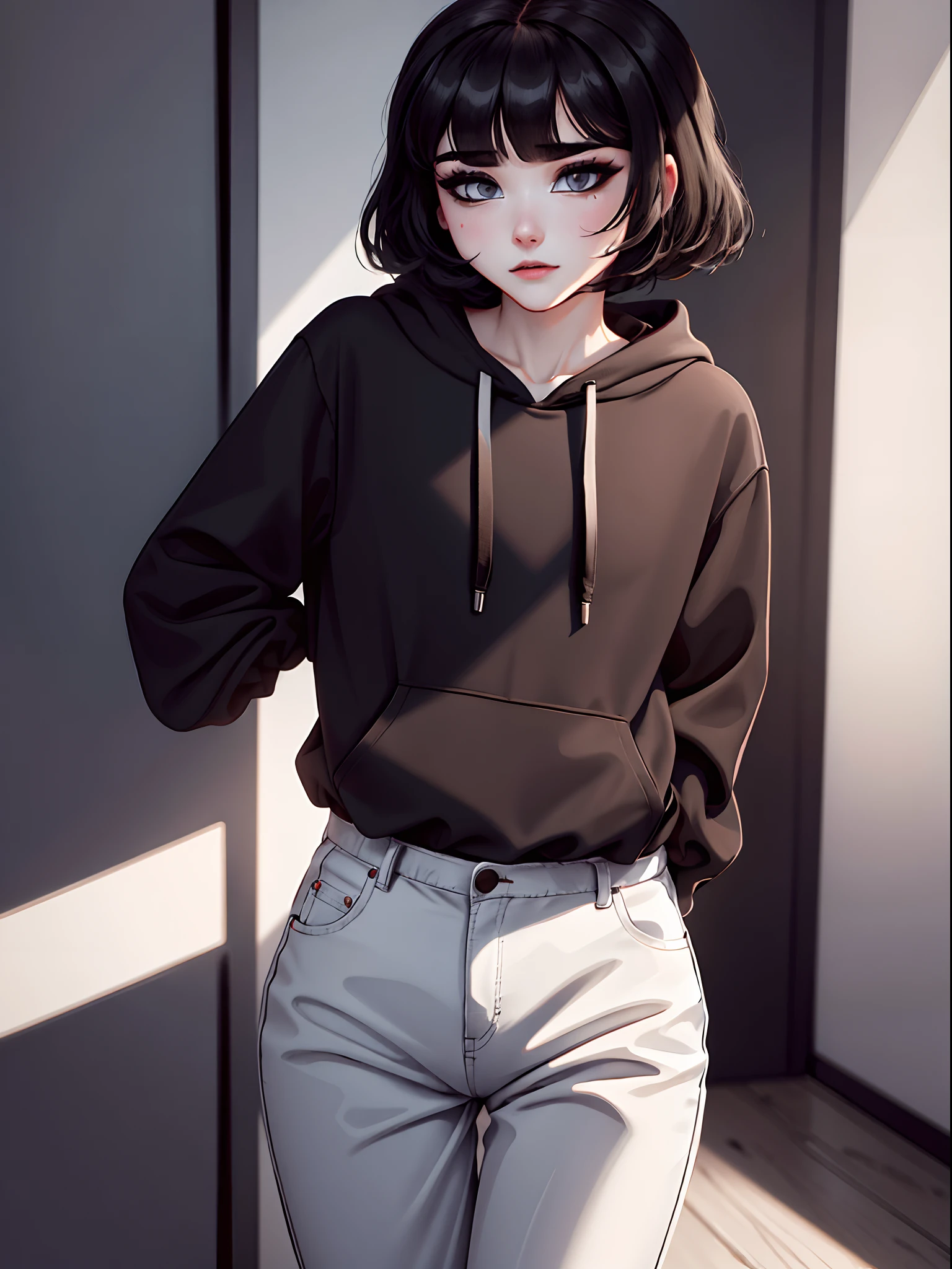 1boy, short black hair, brown eyes, wearing white shirt, wearing long black pants, wearing hoodie, city, absurdres, high res, ultrasharp, 8K, masterpiece, looking at viewer