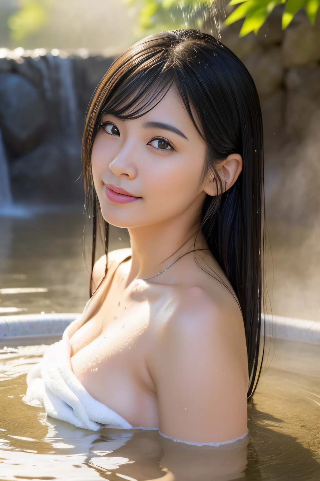 (masterpiece、high-level image quality、foco nítido)、Japan Woman、Sexy Girl、Beautiful、(Hide your big with a towel、Soak in the hot springs of the Japan)、Hot springs in nature、(((steam:1.15)))、wretched、Hair gets wet、Skin also gets wet、Beautiful skin、Comfortable and relaxed appearance、autumn in japan、