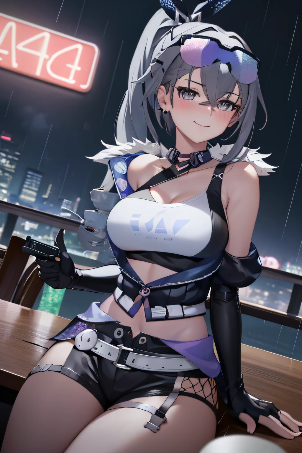 Masterpiece, Best quality, 1girll, Solo, Extremely detailed, Extremely detailed eyes, extremely detailed background,Lori huge breasts cleavage,adolable,pyjamas,As a child,((SilverWolf V4)), Tiny breasts, With gray eyes, whaite hair, eyewear on head, Short sleeves, hair adornments, Earrings, Drill hair, Black shorts, Black gloves, pony tails, Evening, neon city lights, rain, rain drops, Mirror reflection, Cyberpunk, Ramen restaurant, across table, angle of view, view across table, ramen bowl, view the viewer, Arms down, arms to the side, T-shirt, white shirt logo, Shy, Smiling, Blushing, Perfect hands, Depth of field,