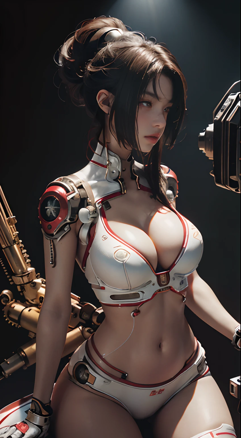Highest quality, outstanding detail, super high resolution, (fidelity: 1.4), best illustration, favor details, close-up, a mecha girl with a delicate and beautiful face, ((red and white semi-mechanical body: 1.8)), (big breast: 1.2), sexy, belly button, cleavage, riding on a motorcycle, cyberpunk, futuristic, mechanical aesthetics, complex machinery, background is a high-tech lighting scene of the futuristic city, virtual engine 5, perfect detail rendering, octane rendering, ultra HD
