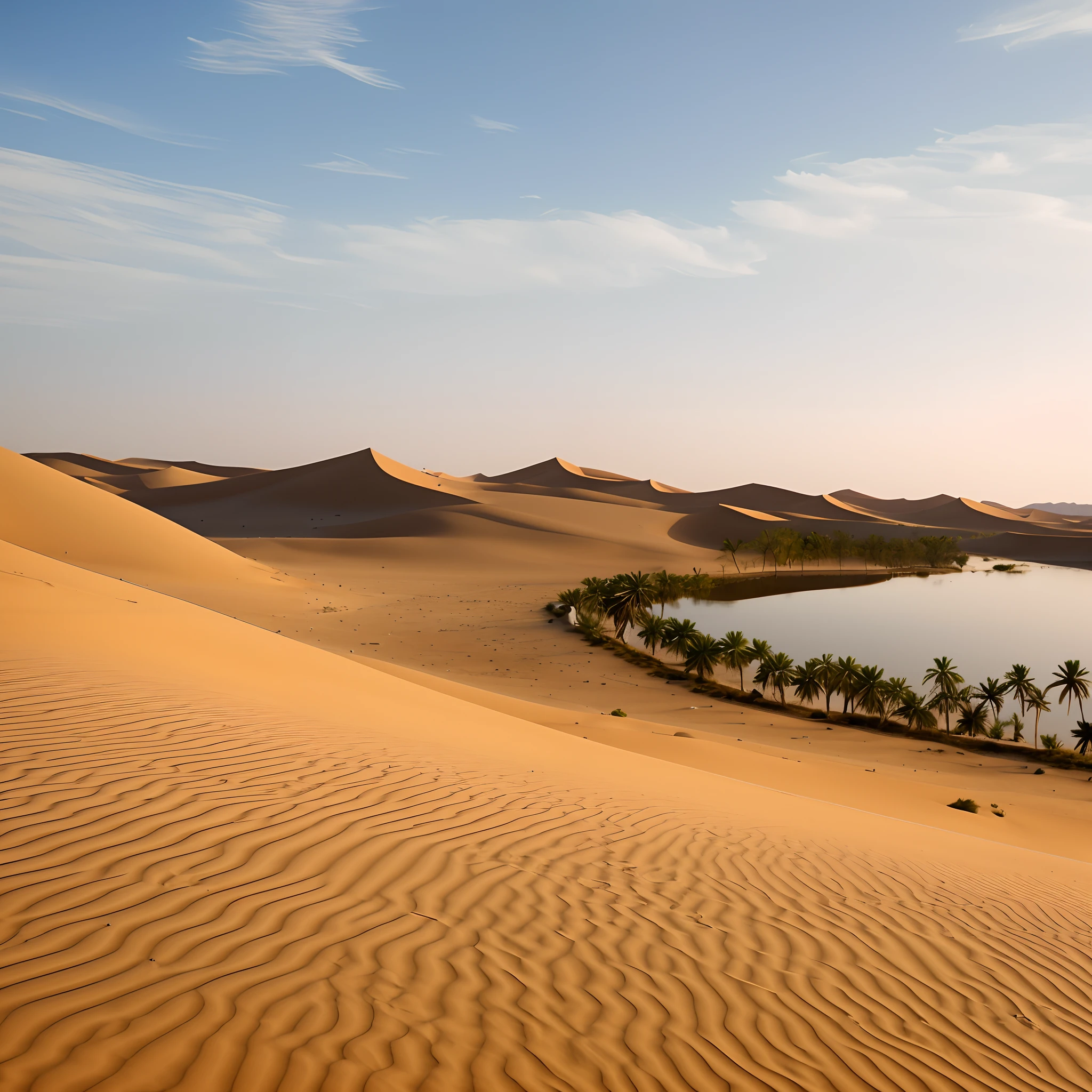 Araved view of a lake in the desert, oasis in the desert, sahara desert, most perfect desert on the world, In the desert oasis lake, desert dunes, sand desert, sand dune, sand dune, sand dune, sand sea, sand and desert environment, in the desert beside the gulf, in a serene vast desert, majestic dunes